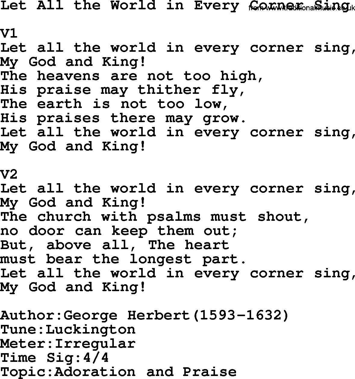 Adventist Hynms collection, Hymn: Let All The World In Every Corner Sing, lyrics with PDF