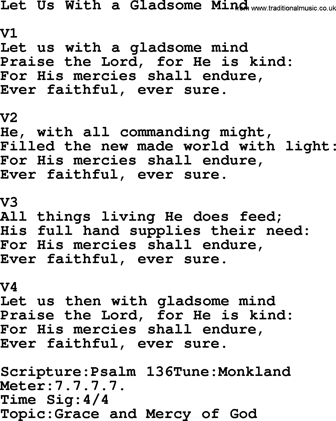 Adventist Hynms collection, Hymn: Let Us With A Gladsome Mind, lyrics with PDF