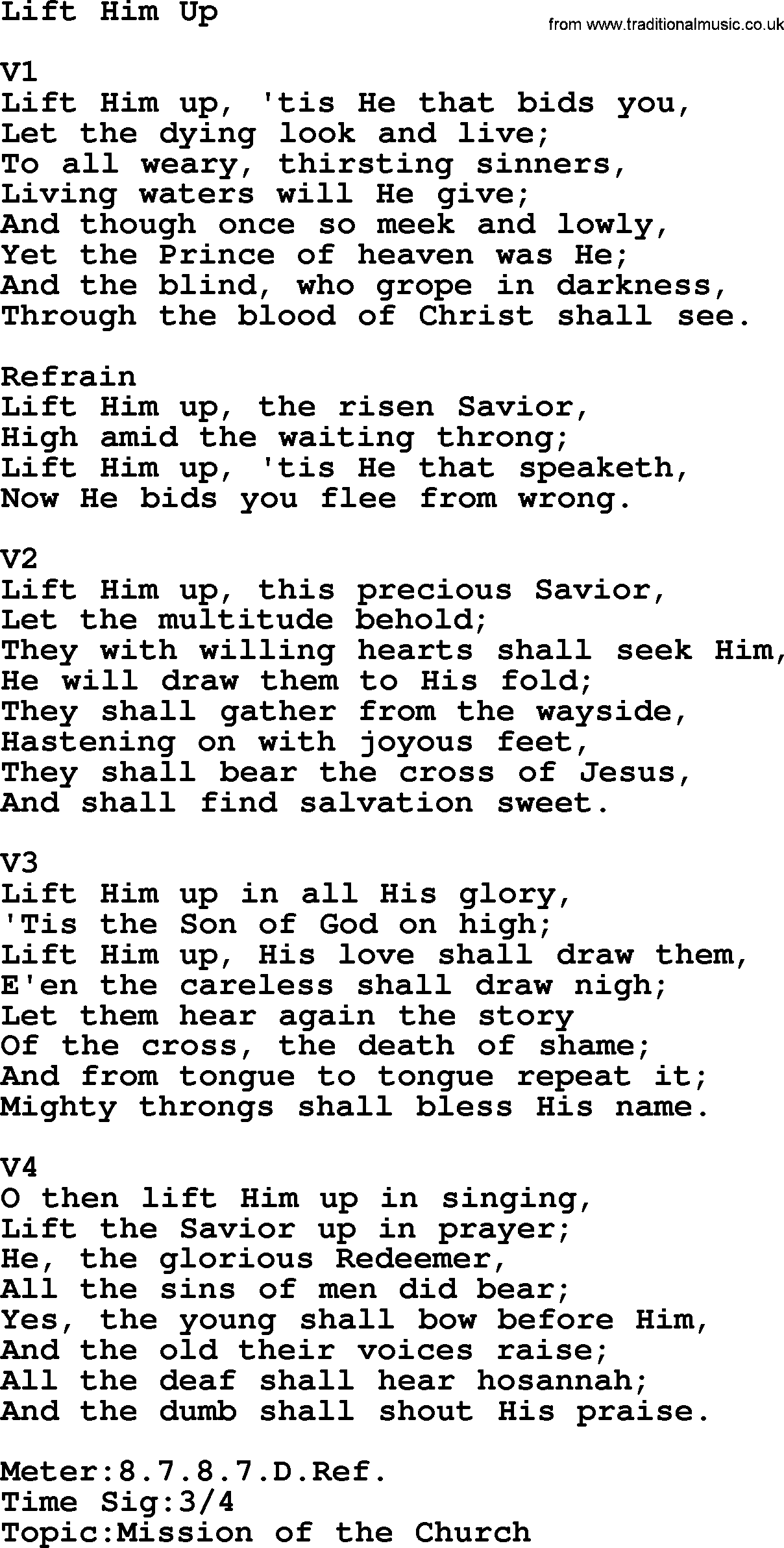 Adventist Hynms collection, Hymn: Lift Him Up, lyrics with PDF
