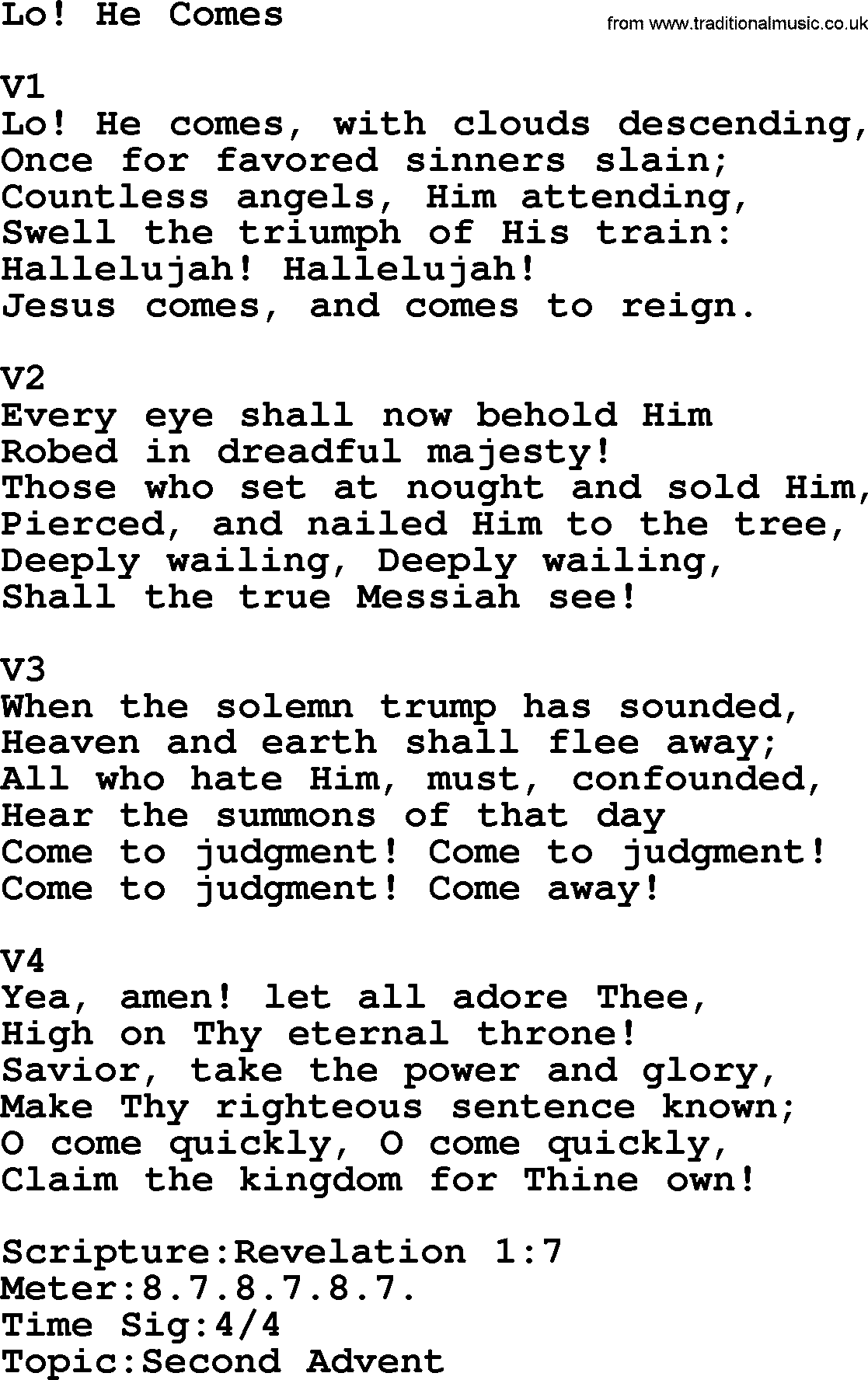Adventist Hynms collection, Hymn: Lo! He Comes, lyrics with PDF