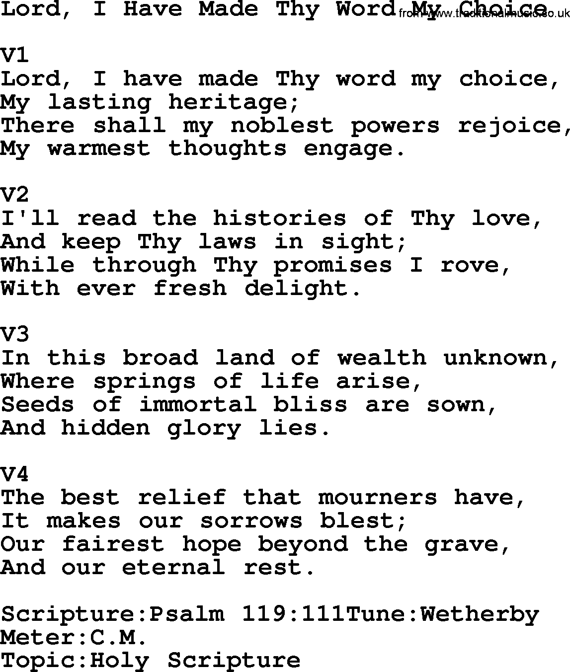 Adventist Hynms collection, Hymn: Lord, I Have Made Thy Word My Choice, lyrics with PDF