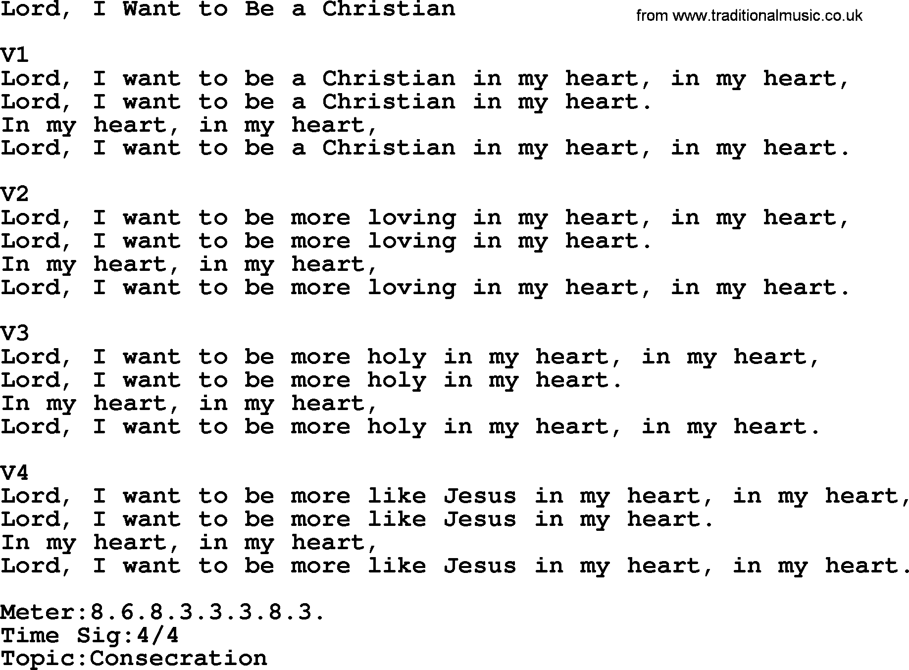 Adventist Hynms collection, Hymn: Lord, I Want To Be A Christian, lyrics with PDF