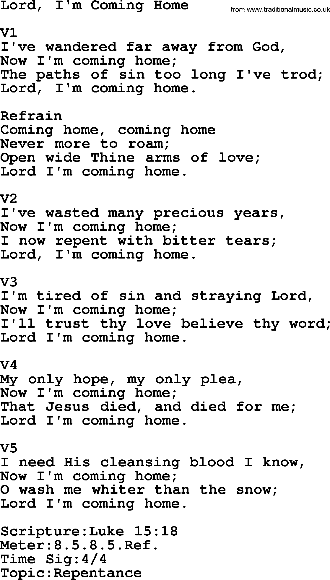 Adventist Hynms collection, Hymn: Lord, I'm Coming Home, lyrics with PDF