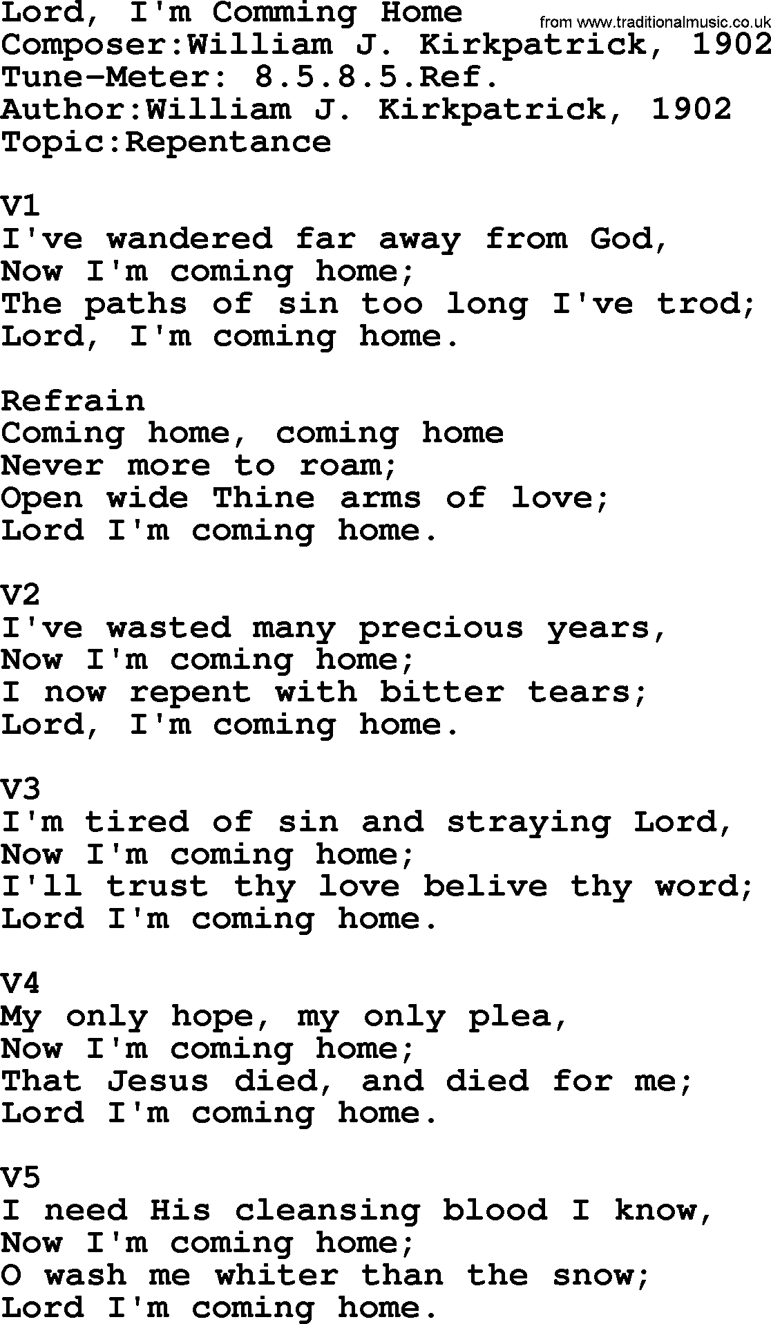 Adventist Hynms collection, Hymn: Lord, I'm Comming Home, lyrics with PDF