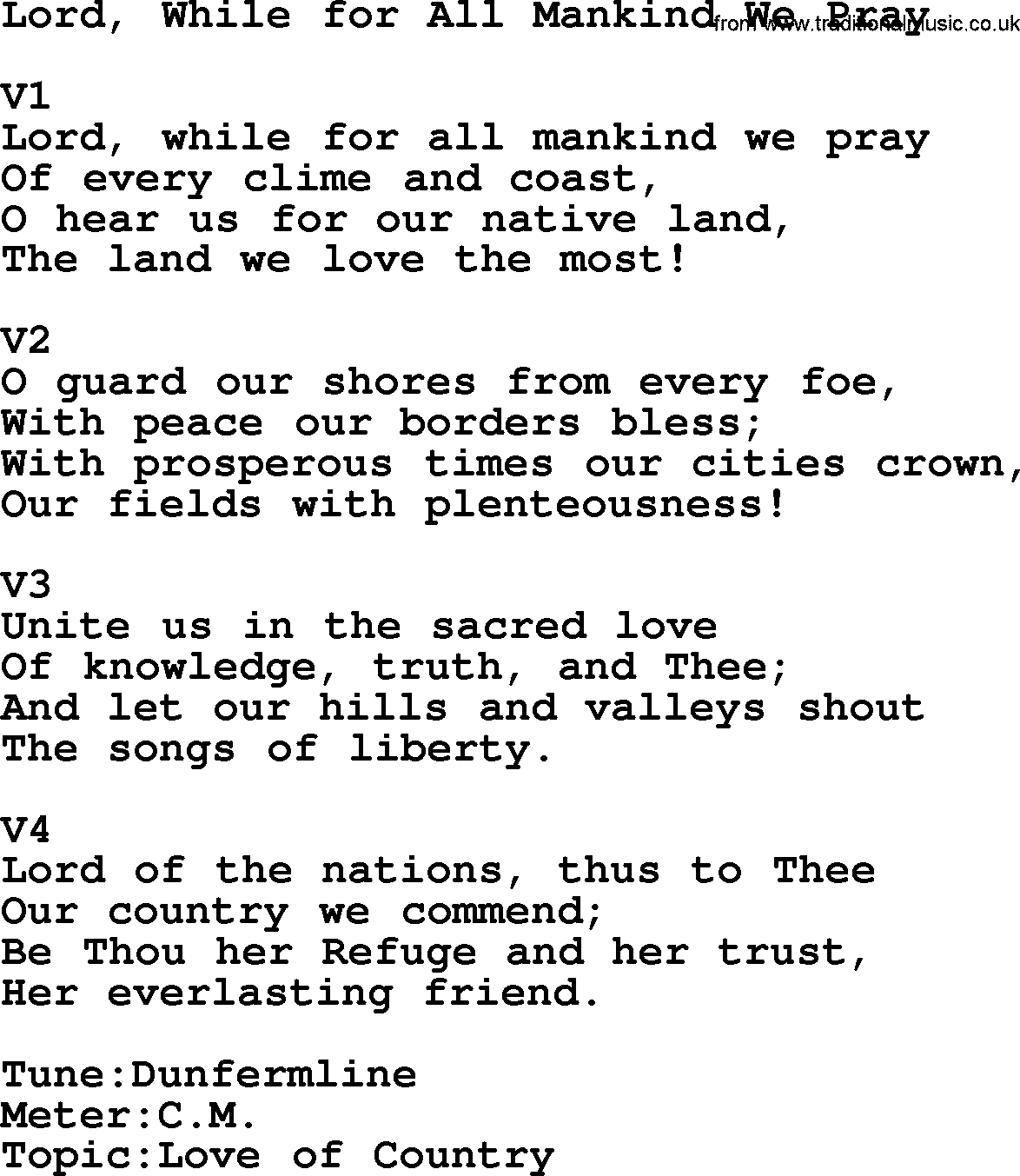 Adventist Hynms collection, Hymn: Lord, While For All Mankind We Pray, lyrics with PDF