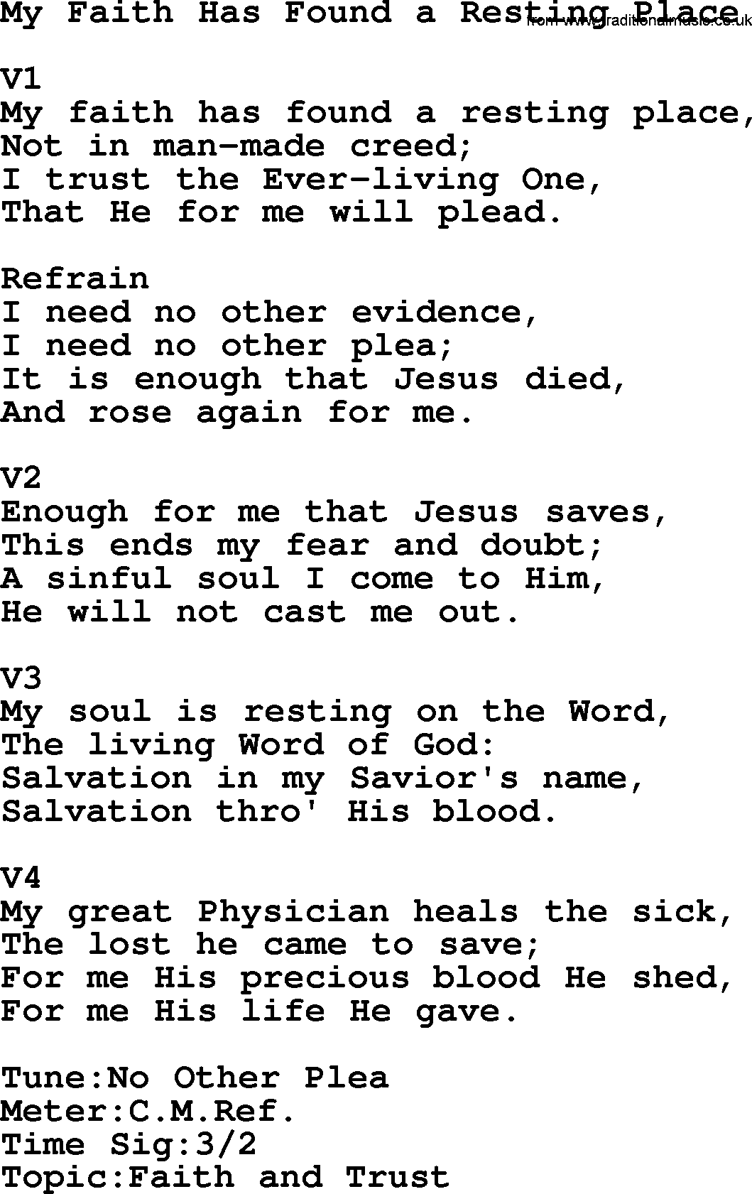 Adventist Hynms collection, Hymn: My Faith Has Found A Resting Place, lyrics with PDF