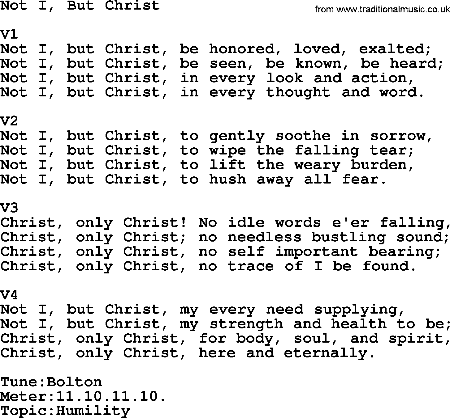 Adventist Hynms collection, Hymn: Not I, But Christ, lyrics with PDF