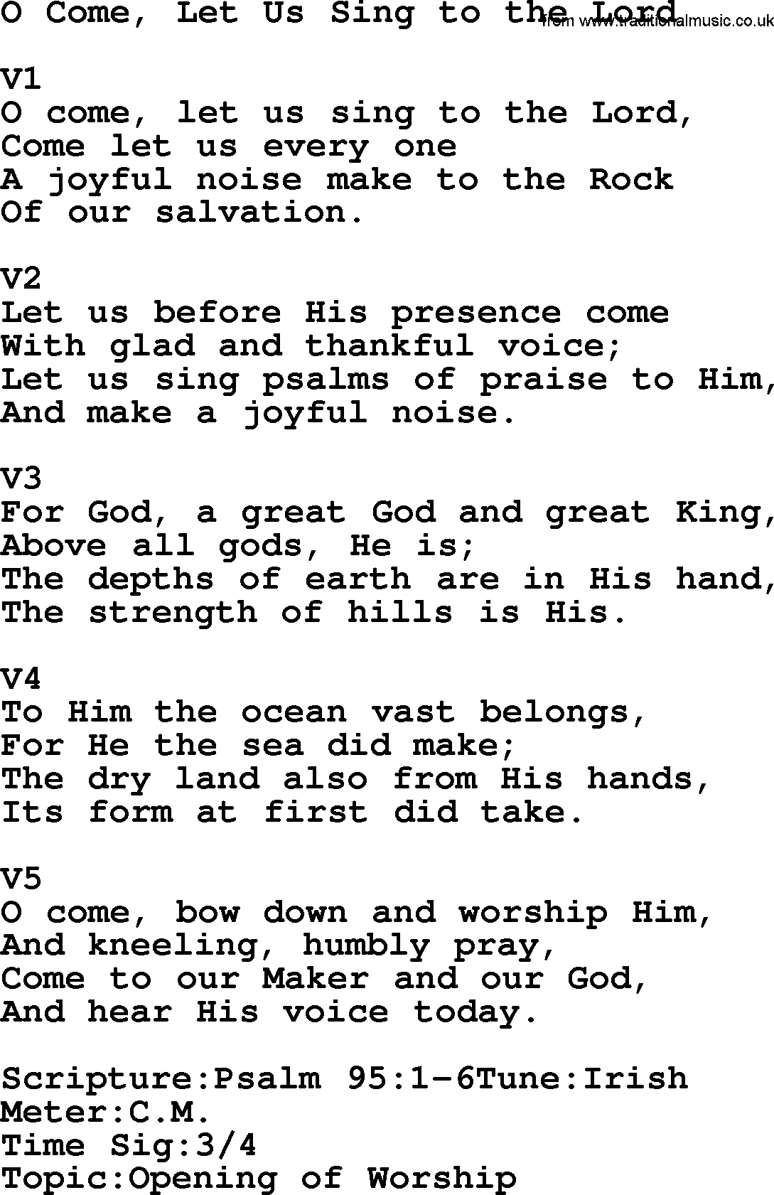 Adventist Hynms collection, Hymn: O Come, Let Us Sing To The Lord, lyrics with PDF