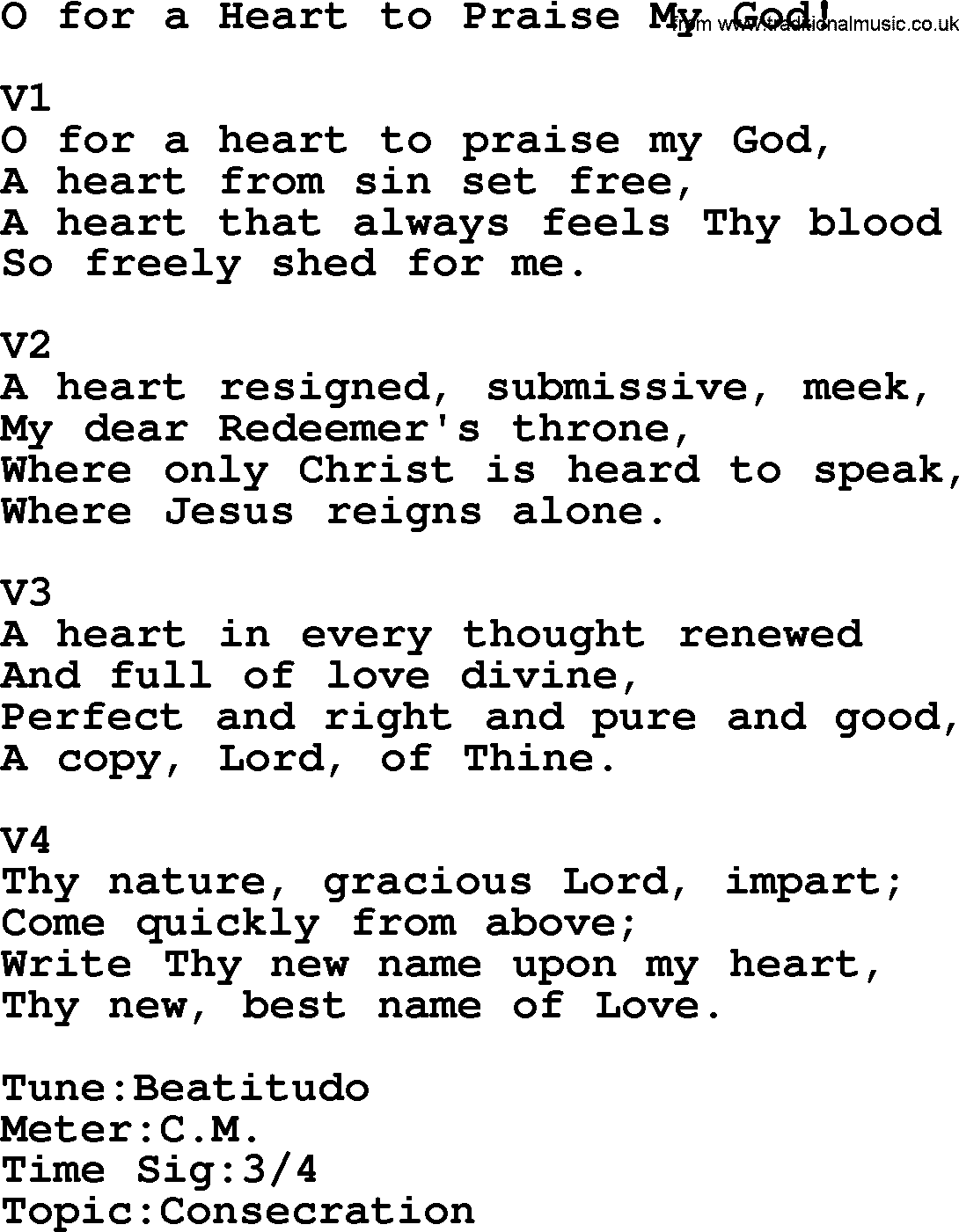 Adventist Hynms collection, Hymn: O For A Heart To Praise My God!, lyrics with PDF