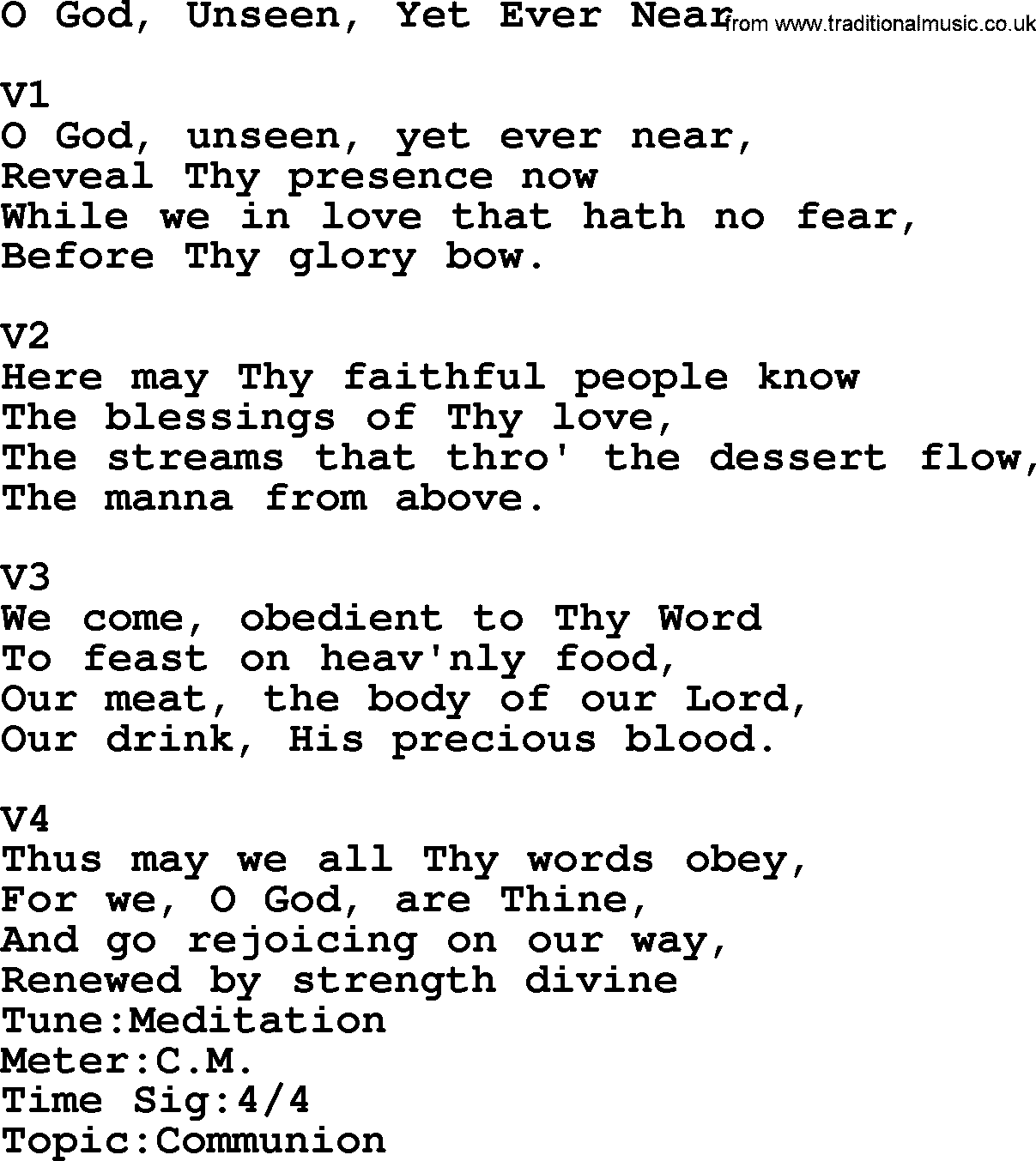 Adventist Hynms collection, Hymn: O God, Unseen, Yet Ever Near, lyrics with PDF