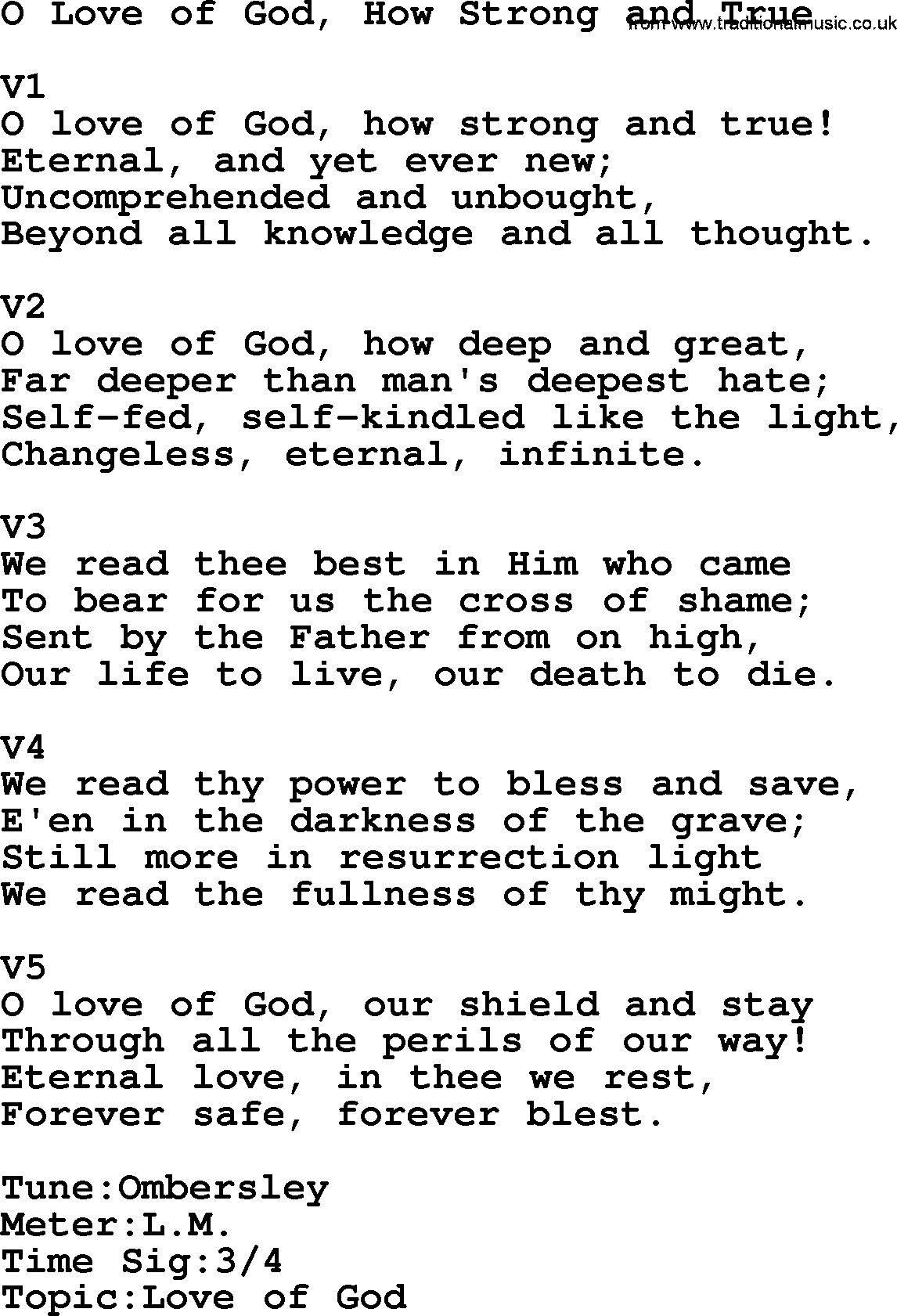 Adventist Hynms collection, Hymn: O Love Of God, How Strong And True, lyrics with PDF