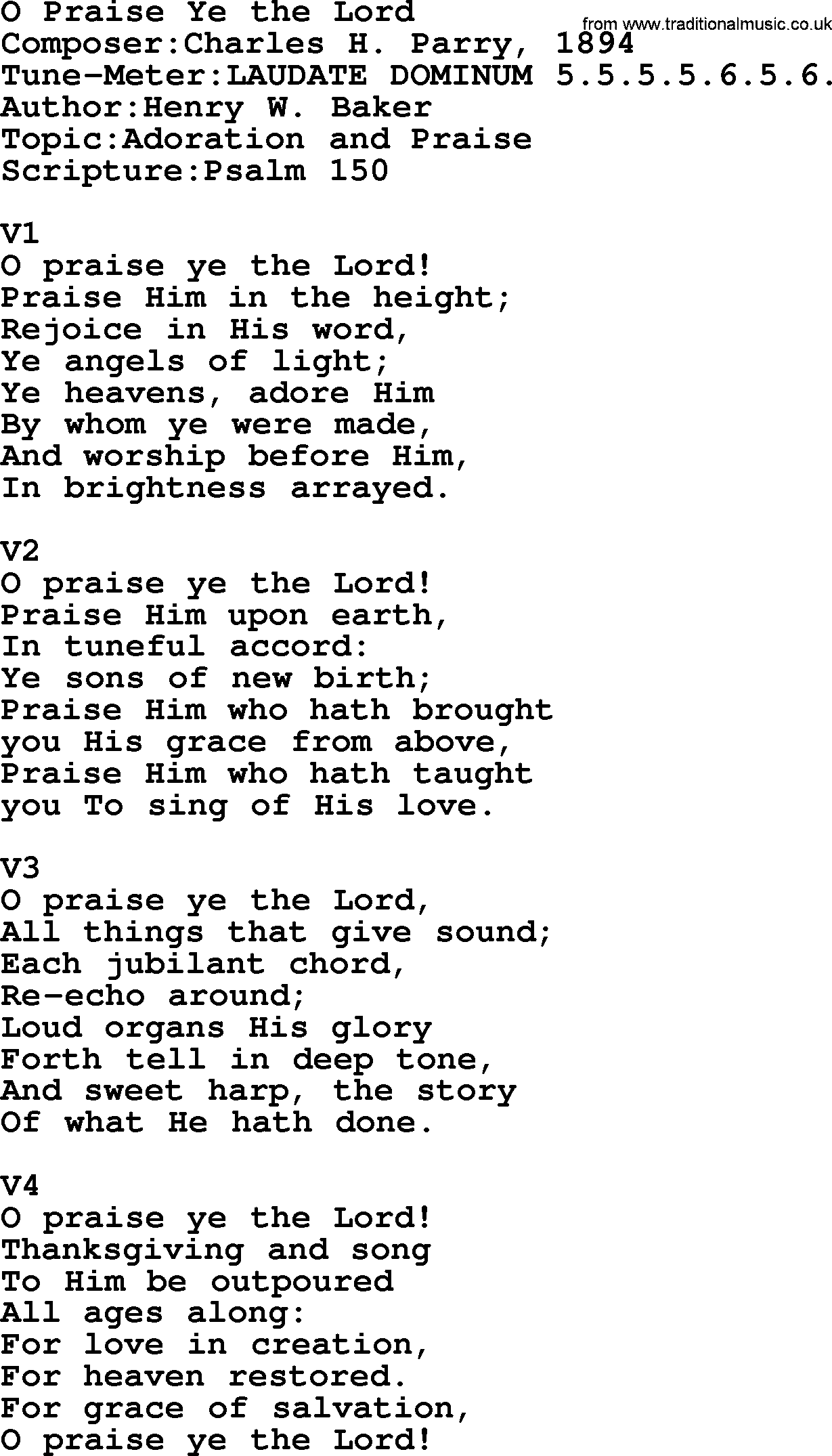 Adventist Hynms collection, Hymn: O Praise Ye The Lord, lyrics with PDF