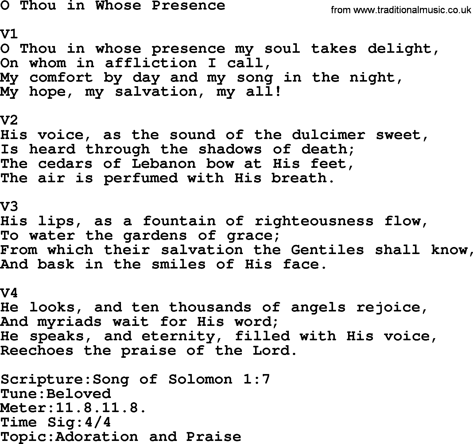 Adventist Hynms collection, Hymn: O Thou In Whose Presence, lyrics with PDF