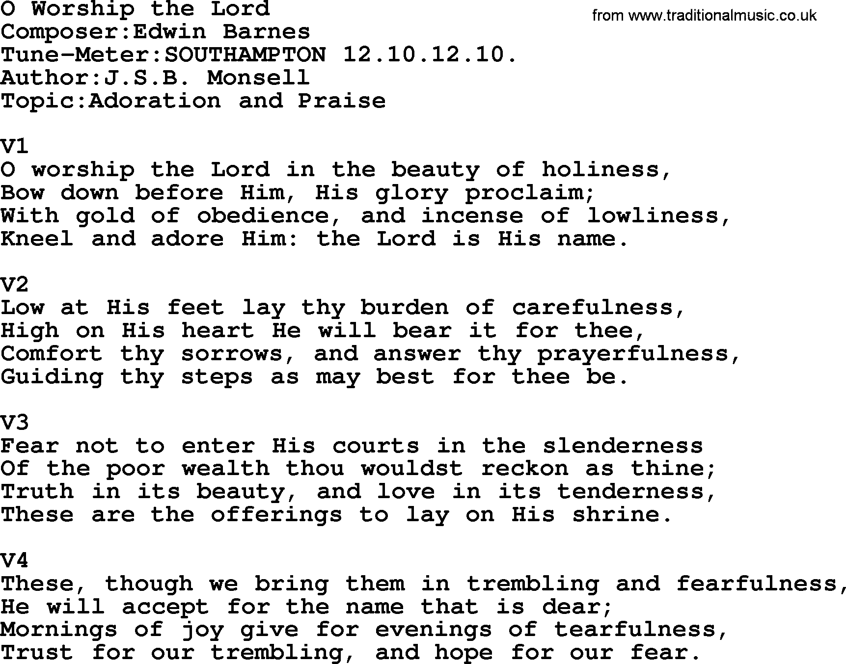 Adventist Hynms collection, Hymn: O Worship The Lord, lyrics with PDF