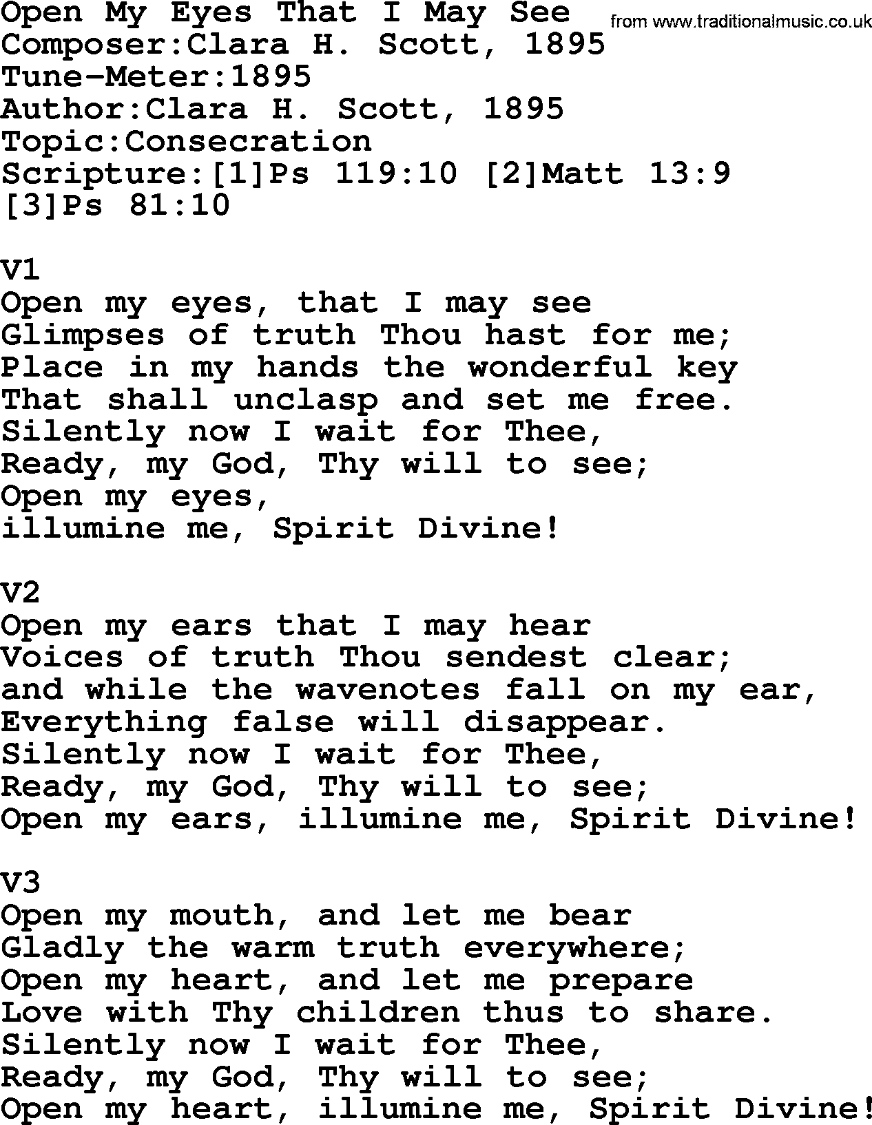 Adventist Hynms collection, Hymn: Open My Eyes That I May See, lyrics with PDF