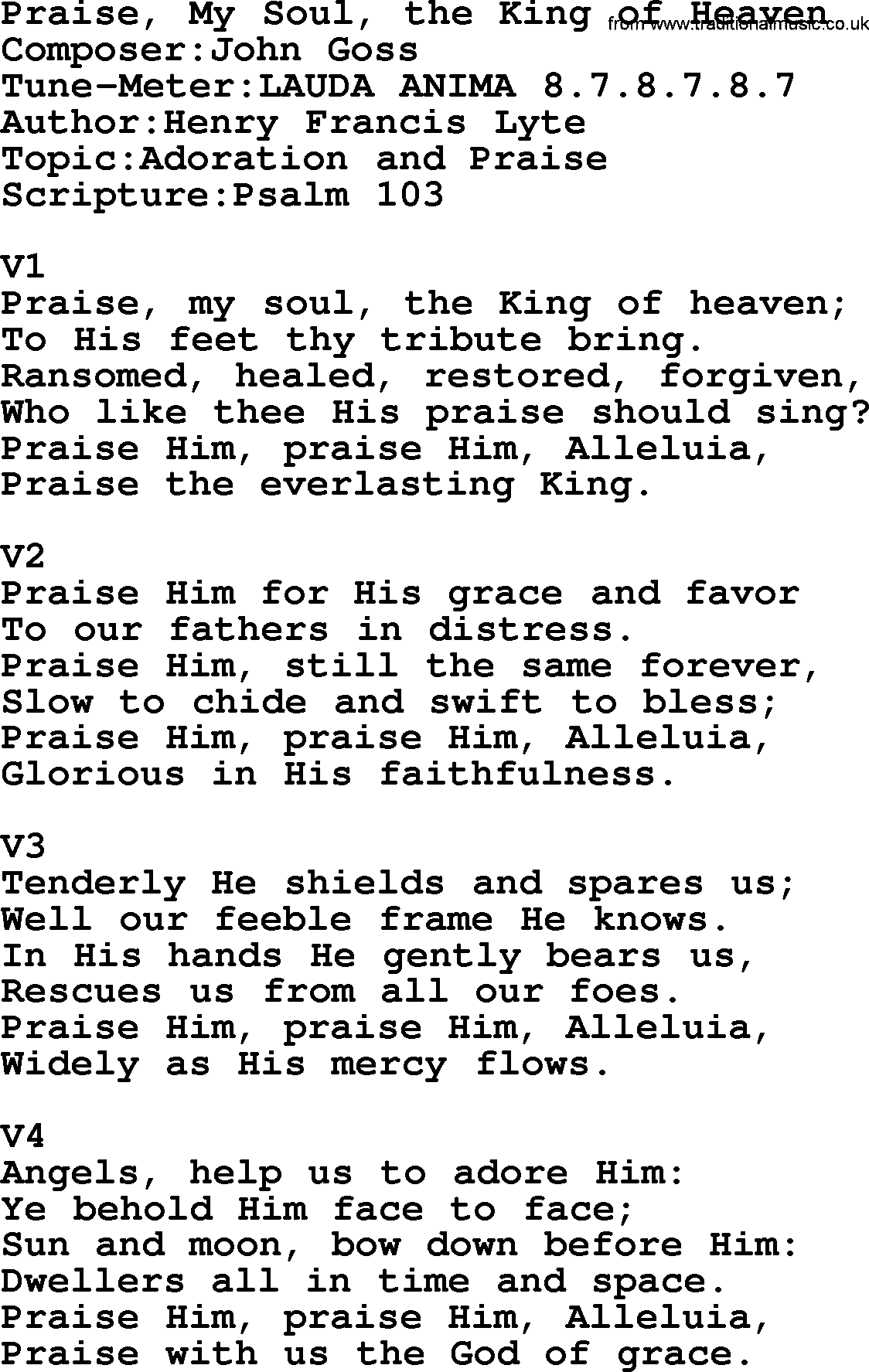 Adventist Hynms collection, Hymn: Praise, My Soul, The King Of Heaven, lyrics with PDF