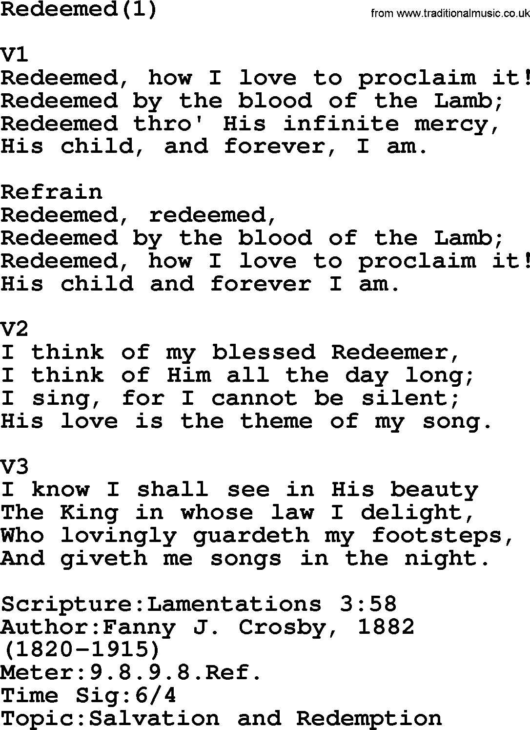 Adventist Hynms collection, Hymn: Redeemed(1), lyrics with PDF