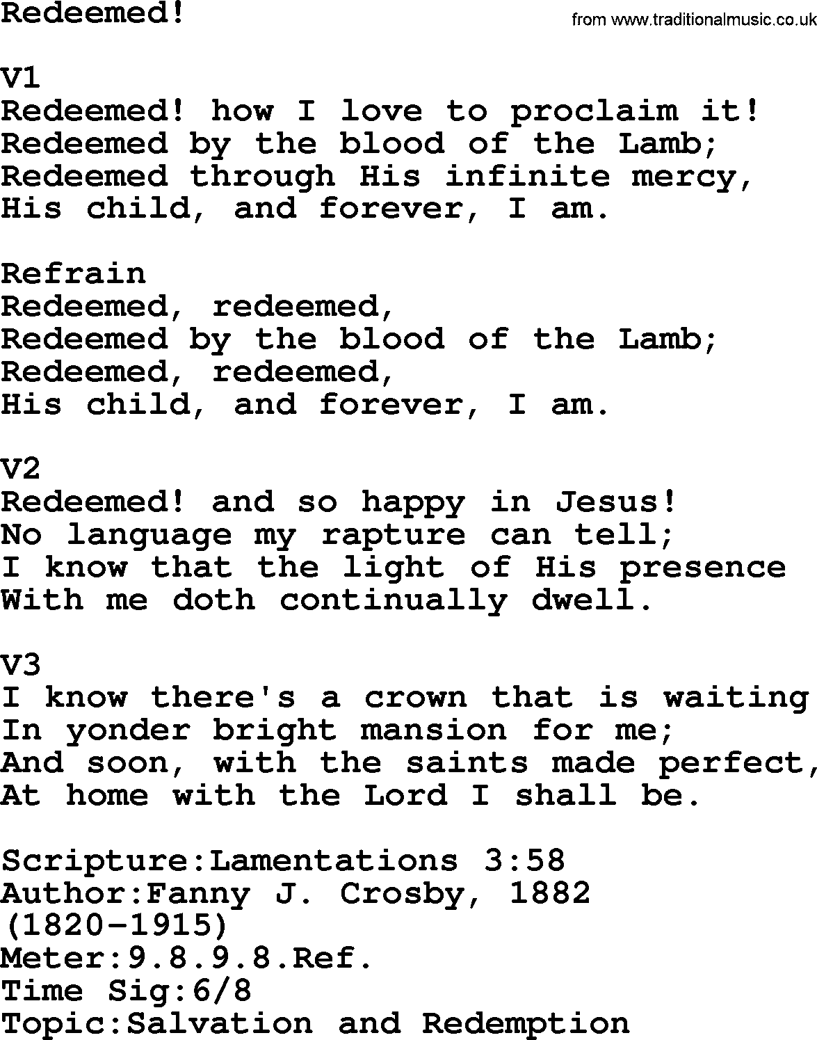 Adventist Hynms collection, Hymn: Redeemed!, lyrics with PDF