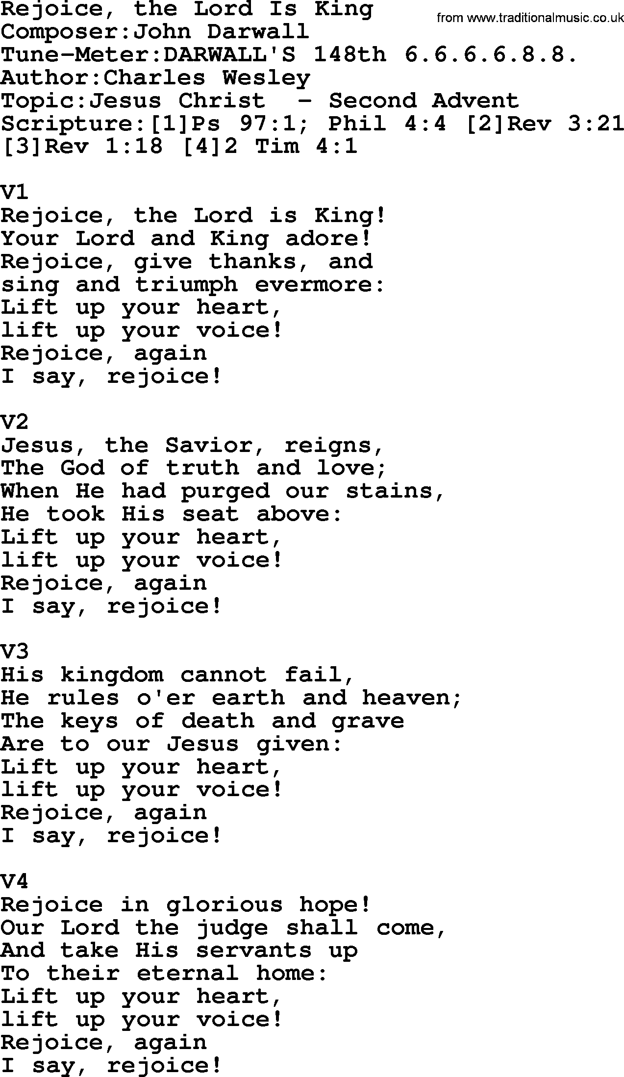 Adventist Hynms collection, Hymn: Rejoice, The Lord Is King, lyrics with PDF