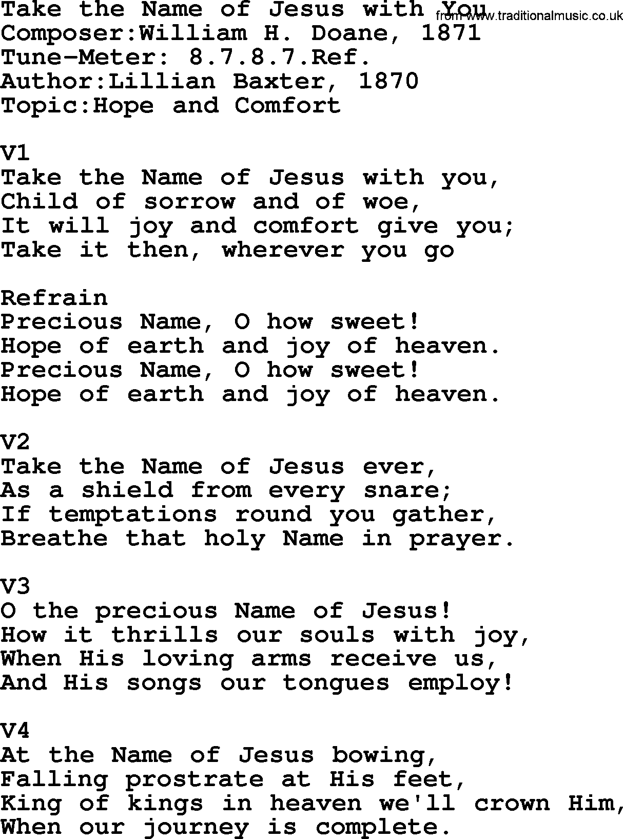 Adventist Hynms collection, Hymn: Take The Name Of Jesus With You, lyrics with PDF