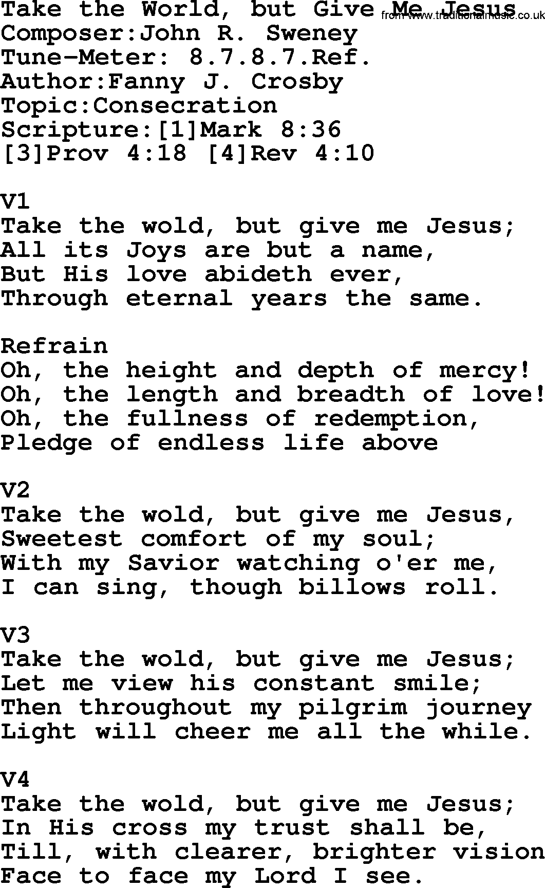 Adventist Hynms collection, Hymn: Take The World, But Give Me Jesus, lyrics with PDF