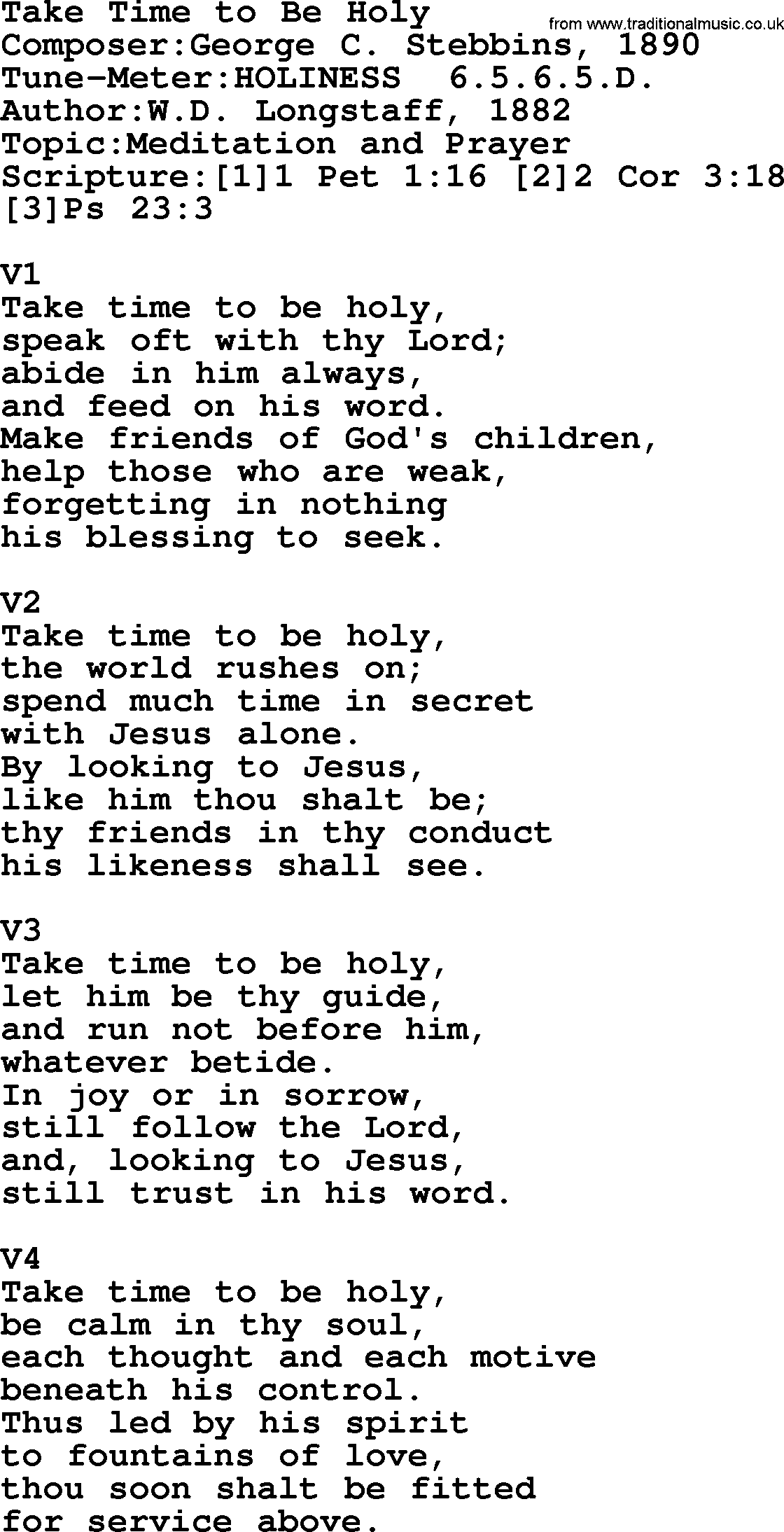 Adventist Hynms collection, Hymn: Take Time To Be Holy, lyrics with PDF