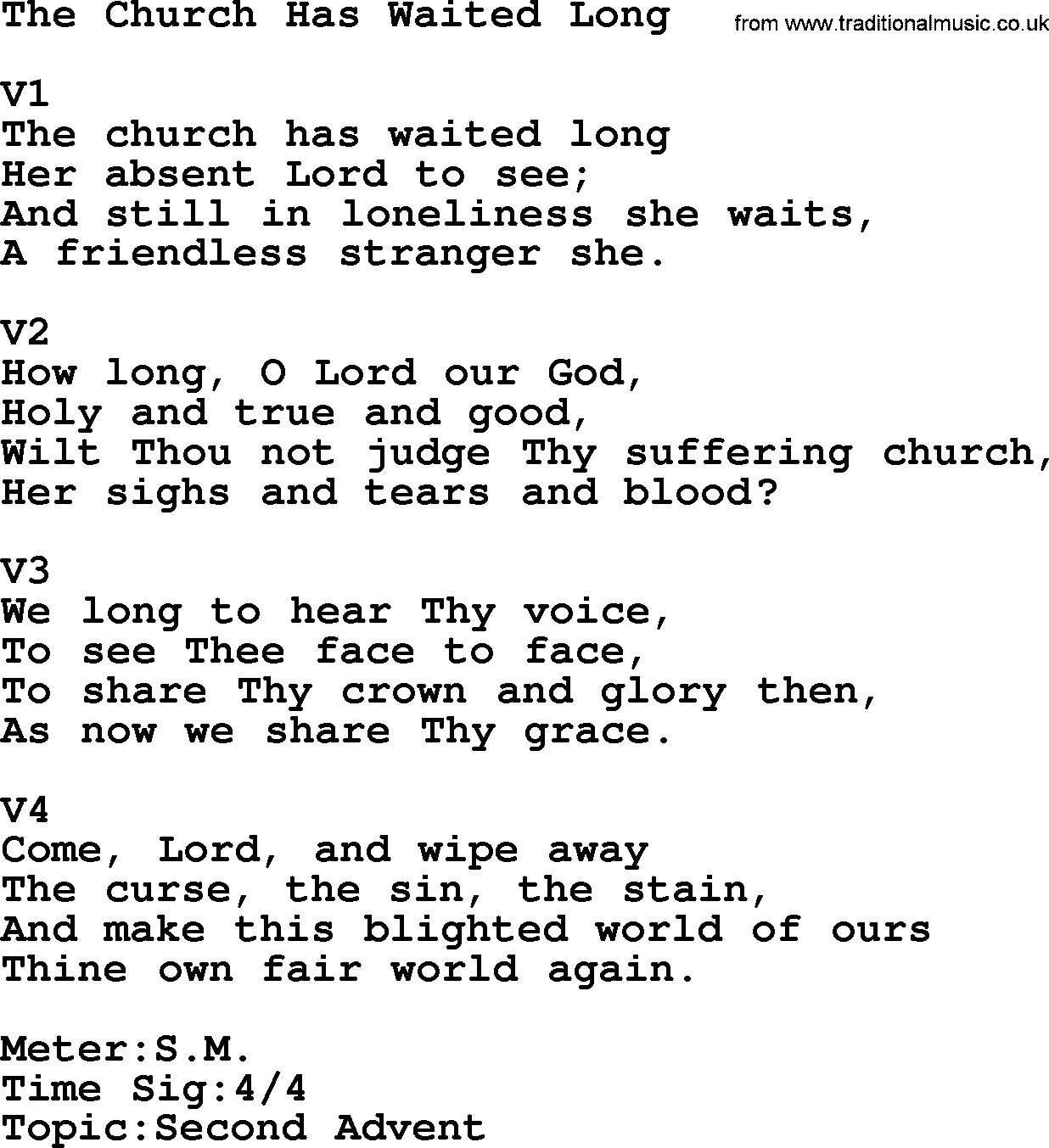 Adventist Hynms collection, Hymn: The Church Has Waited Long, lyrics with PDF