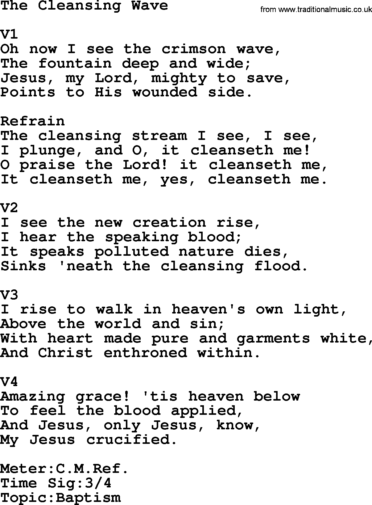 Adventist Hynms collection, Hymn: The Cleansing Wave, lyrics with PDF