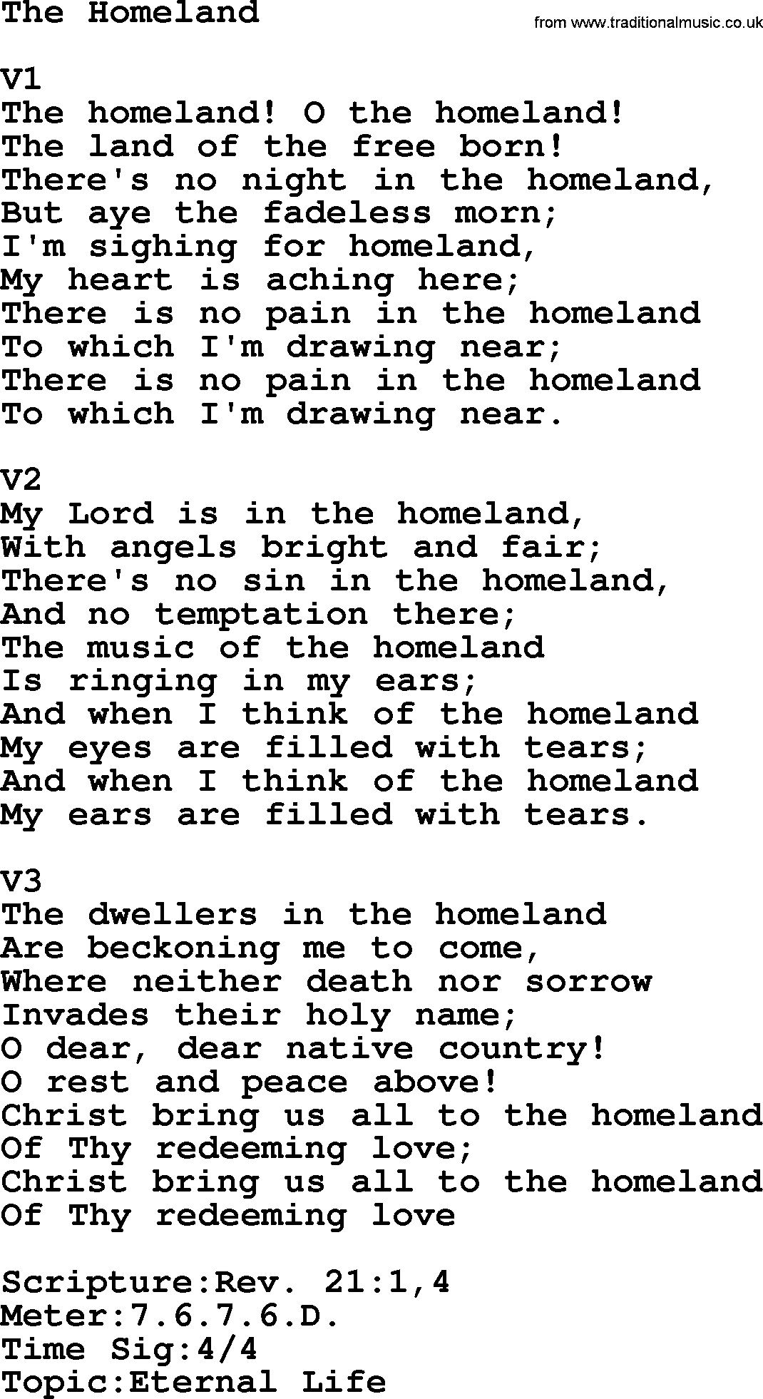 Adventist Hynms collection, Hymn: The Homeland, lyrics with PDF