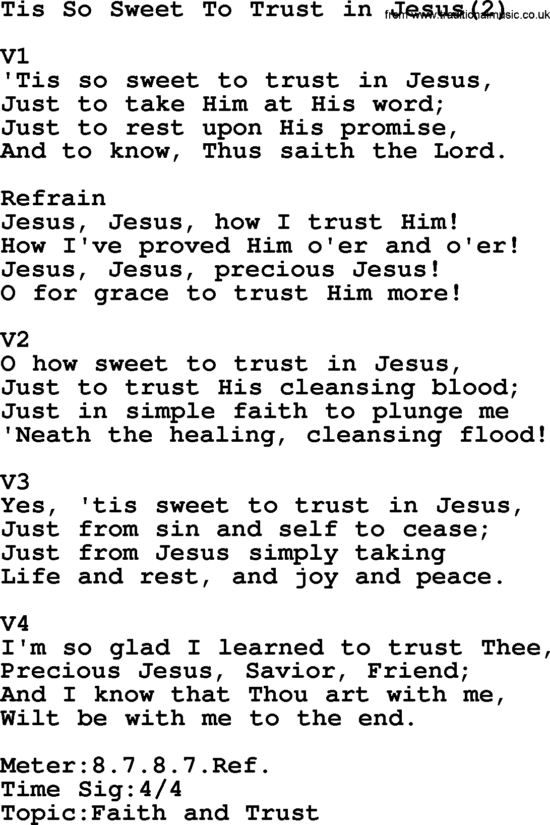 Adventist Hynms collection, Hymn: Tis So Sweet To Trust In Jesus(2), lyrics with PDF