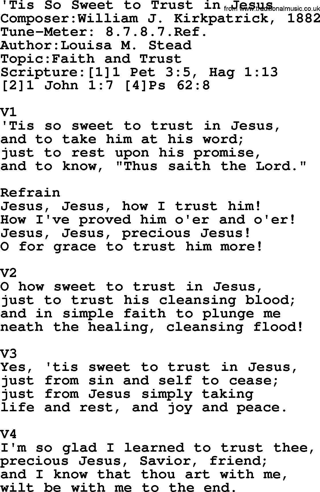 Adventist Hynms collection, Hymn: Tis So Sweet To Trust In Jesus, lyrics with PDF