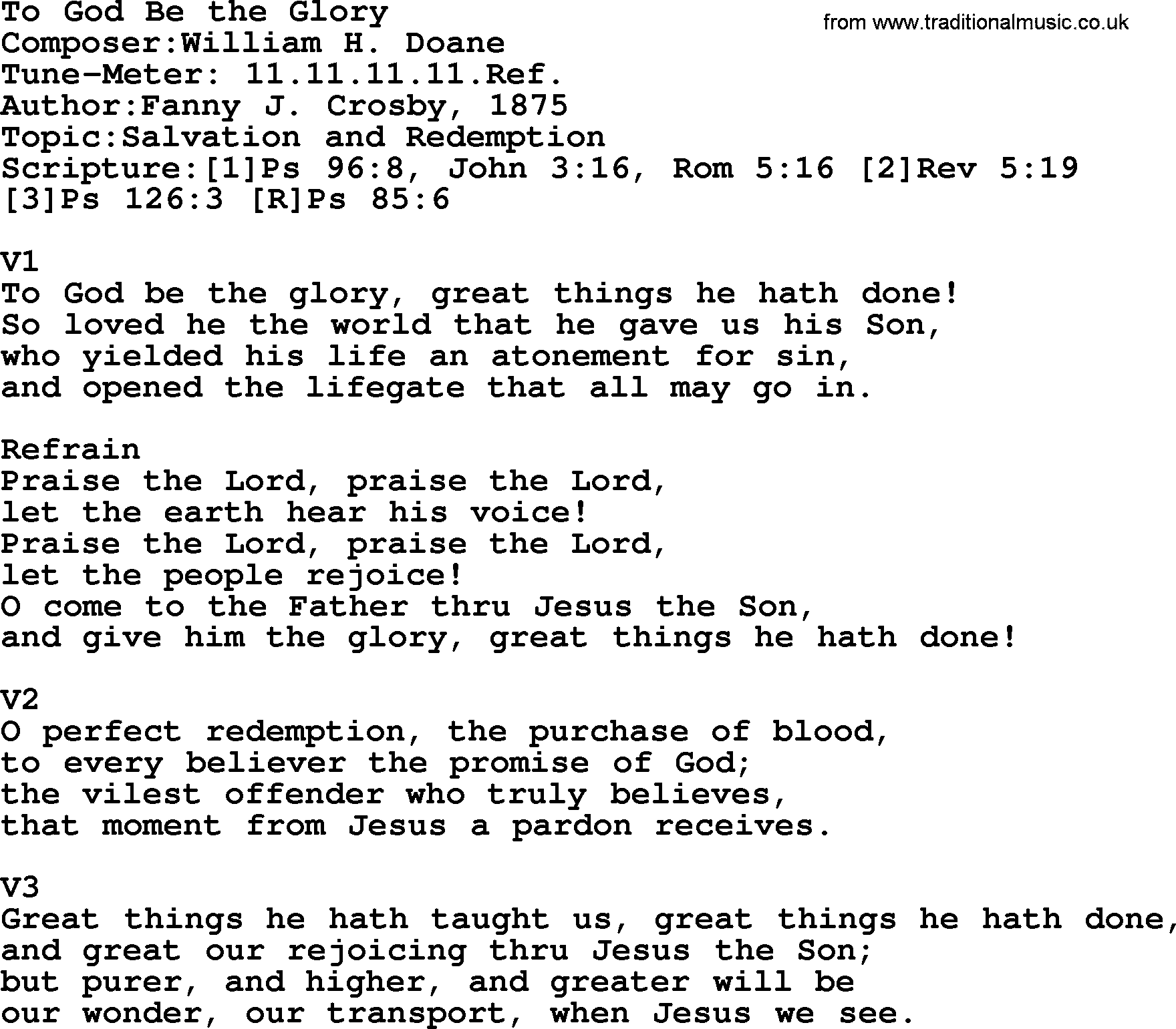 Adventist Hynms collection, Hymn: To God Be The Glory, lyrics with PDF