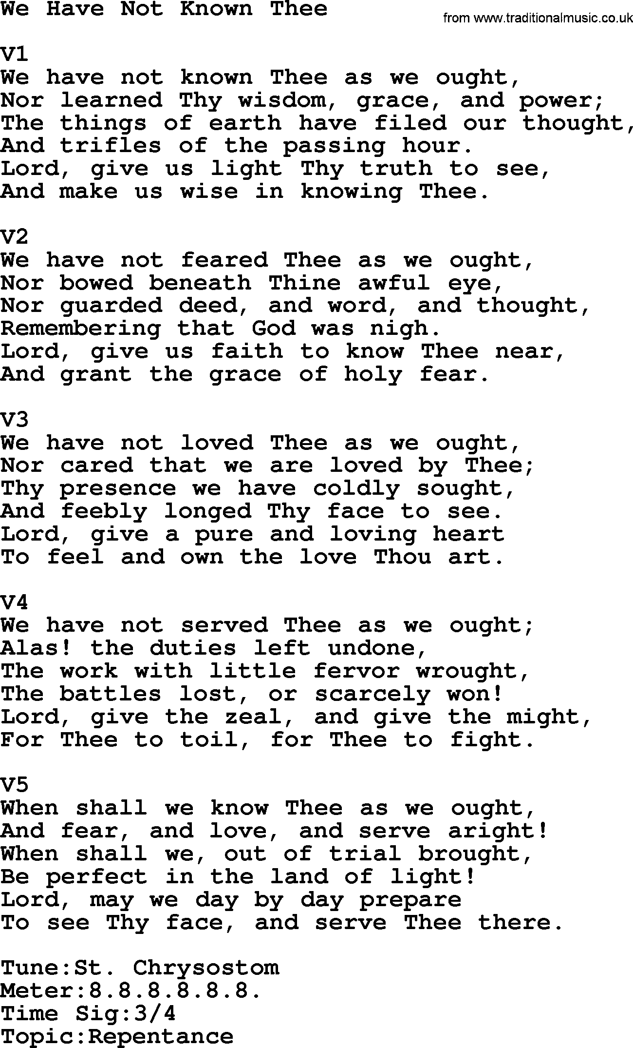 Adventist Hynms collection, Hymn: We Have Not Known Thee, lyrics with PDF