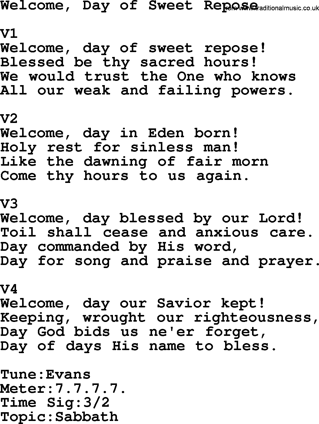Adventist Hynms collection, Hymn: Welcome, Day Of Sweet Repose, lyrics with PDF