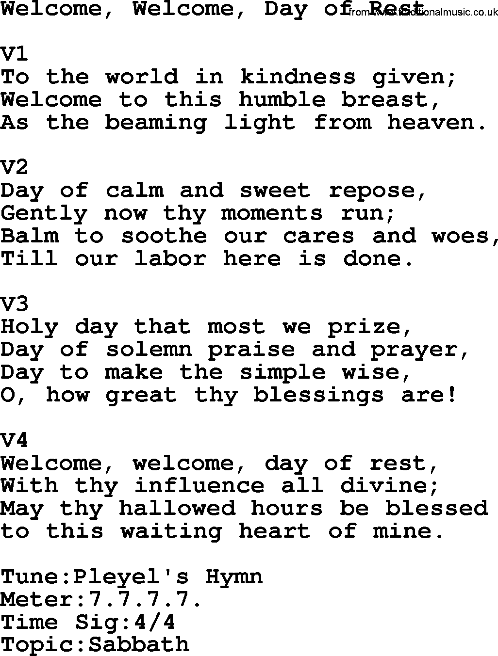 Adventist Hynms collection, Hymn: Welcome, Welcome, Day Of Rest, lyrics with PDF
