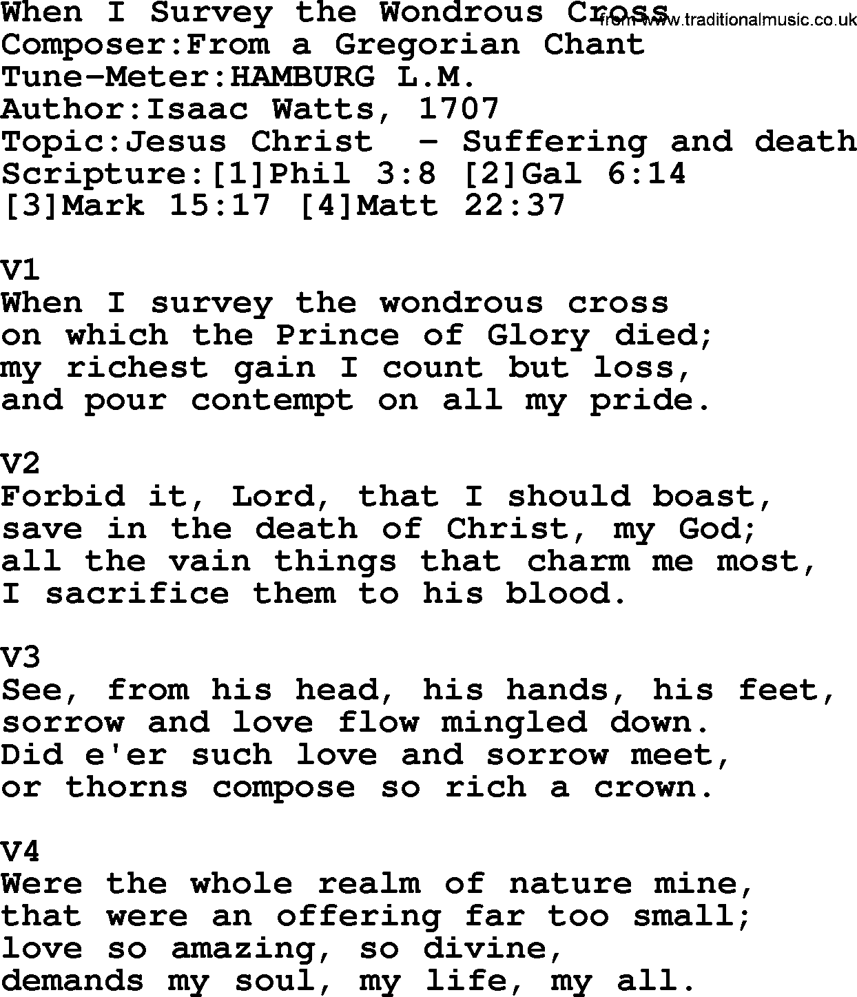 Adventist Hynms collection, Hymn: When I Survey The Wondrous Cross, lyrics with PDF