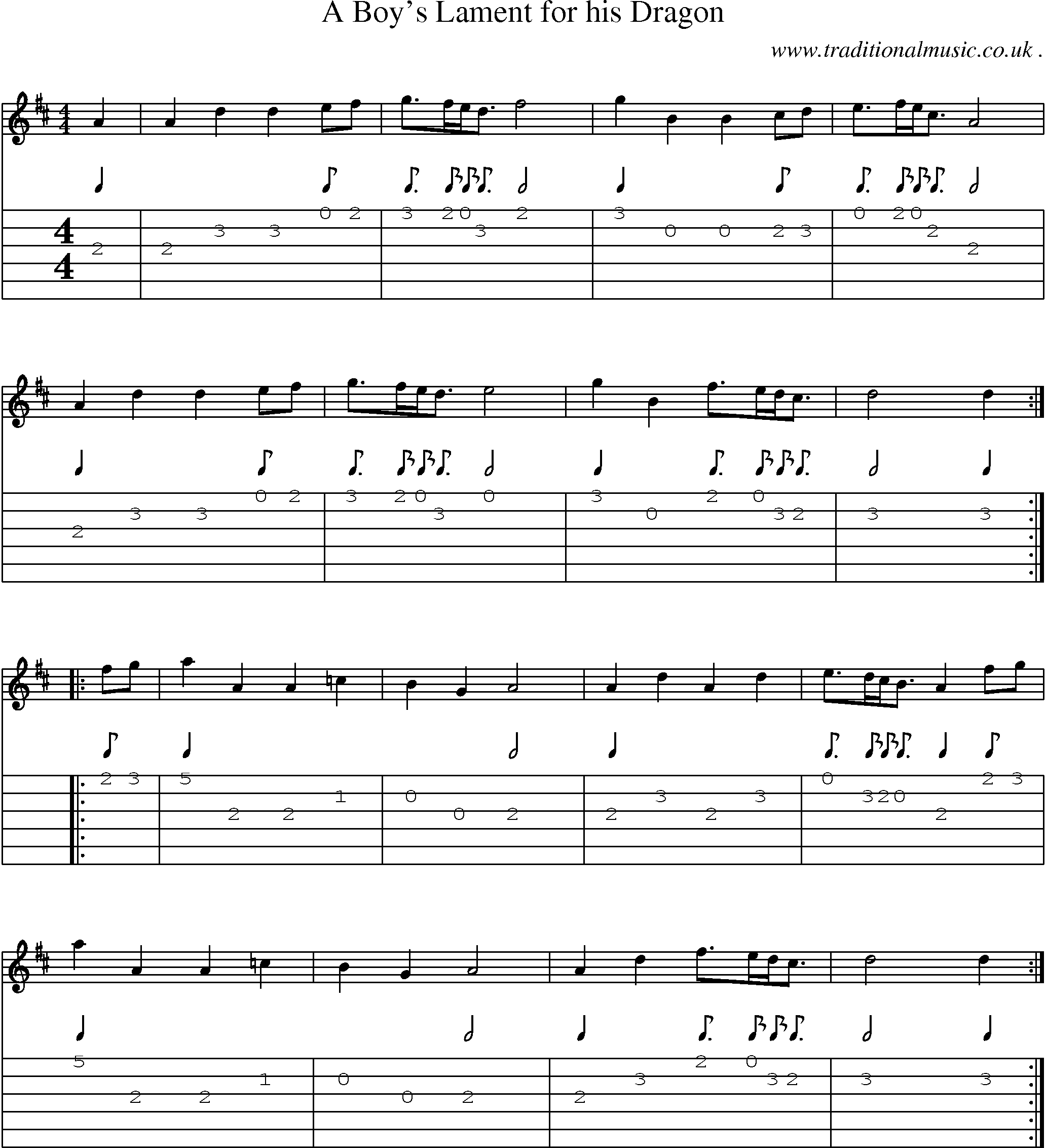 Music Score and Guitar Tabs for A Boys Lament For His Dragon