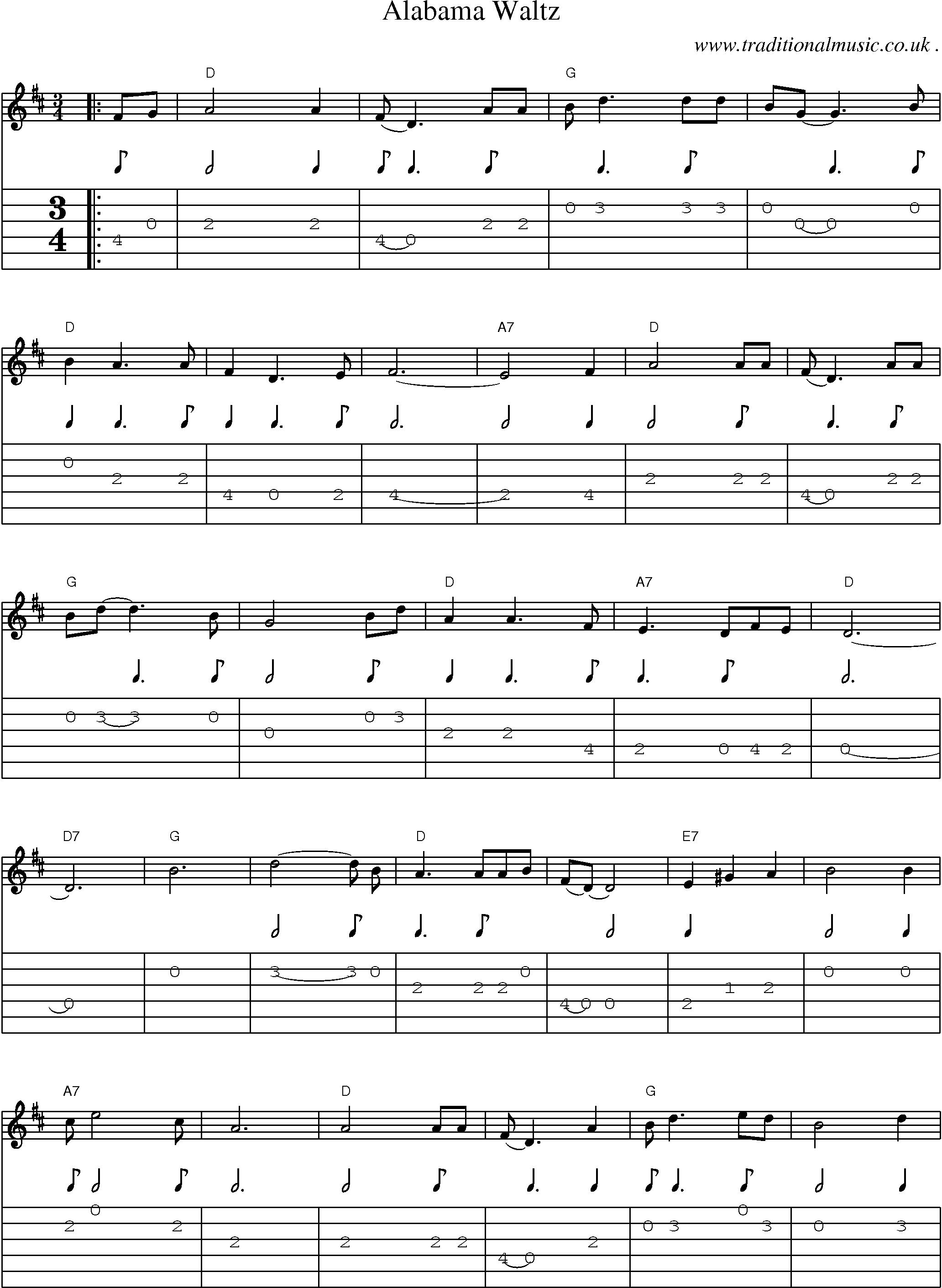 Music Score and Guitar Tabs for Alabama Waltz