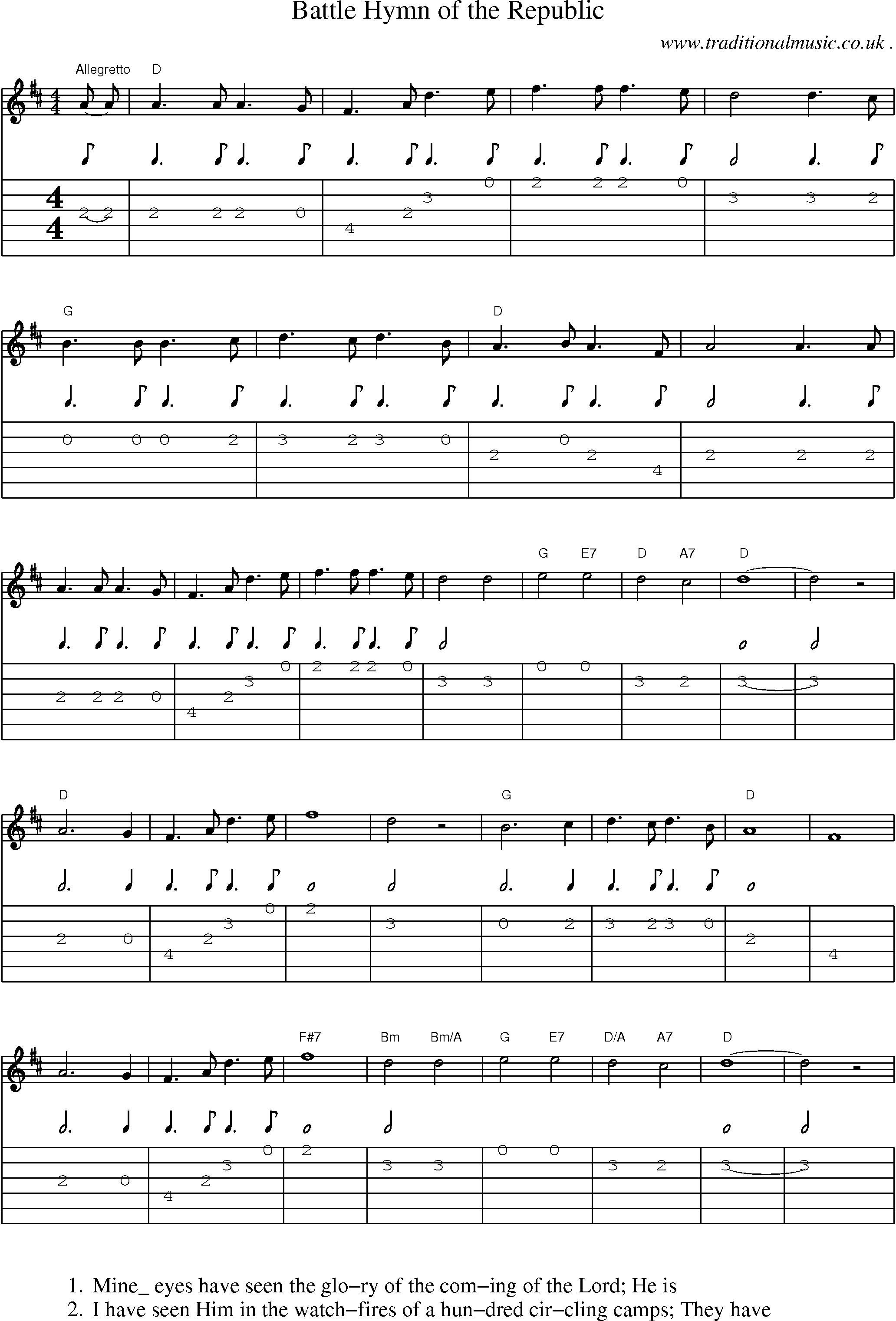 Music Score and Guitar Tabs for Battle Hymn Of The Republic