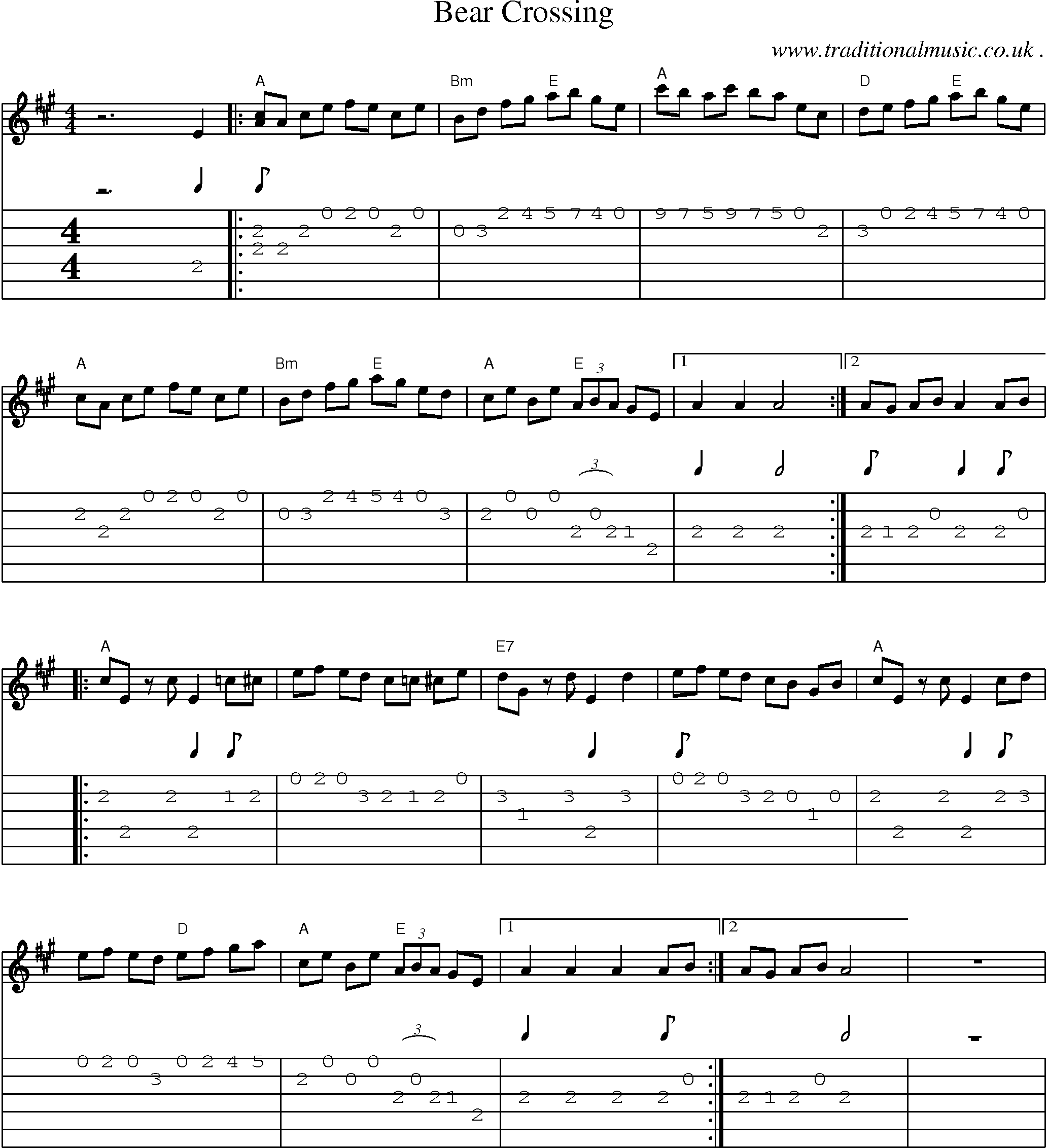Music Score and Guitar Tabs for Bear Crossing