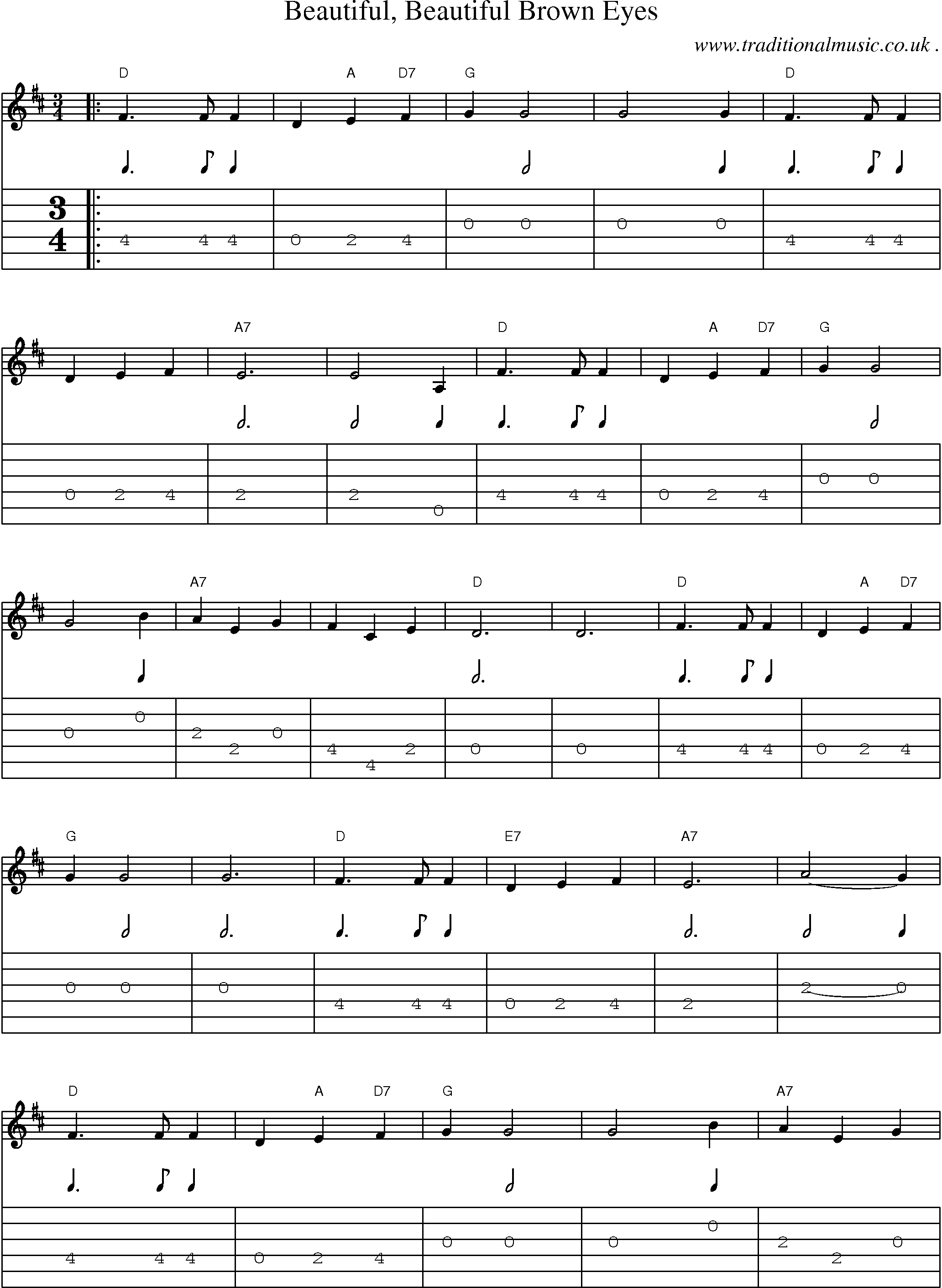 Music Score and Guitar Tabs for Beautiful Beautiful Brown Eyes