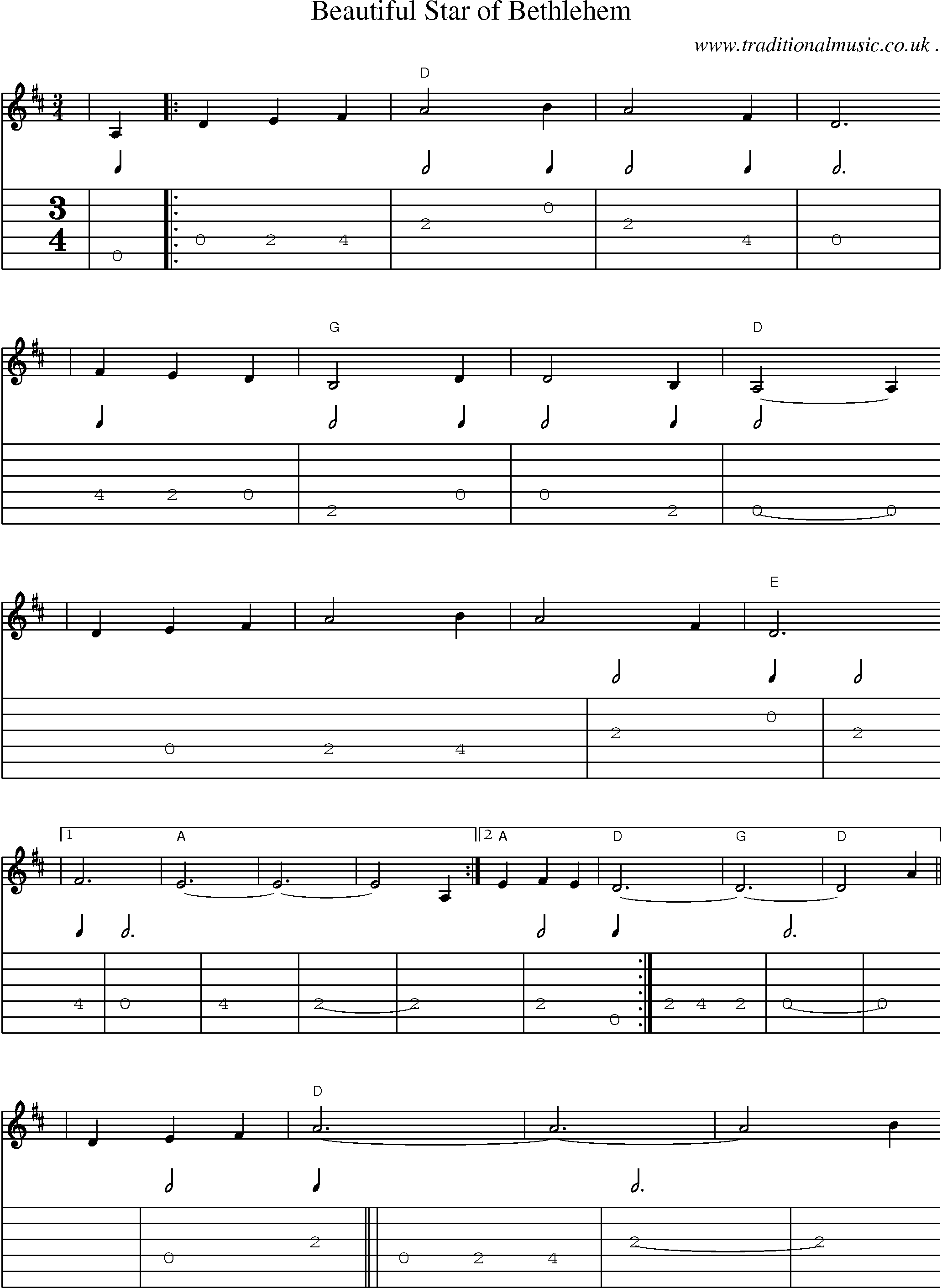 Music Score and Guitar Tabs for Beautiful Star Of Bethlehem