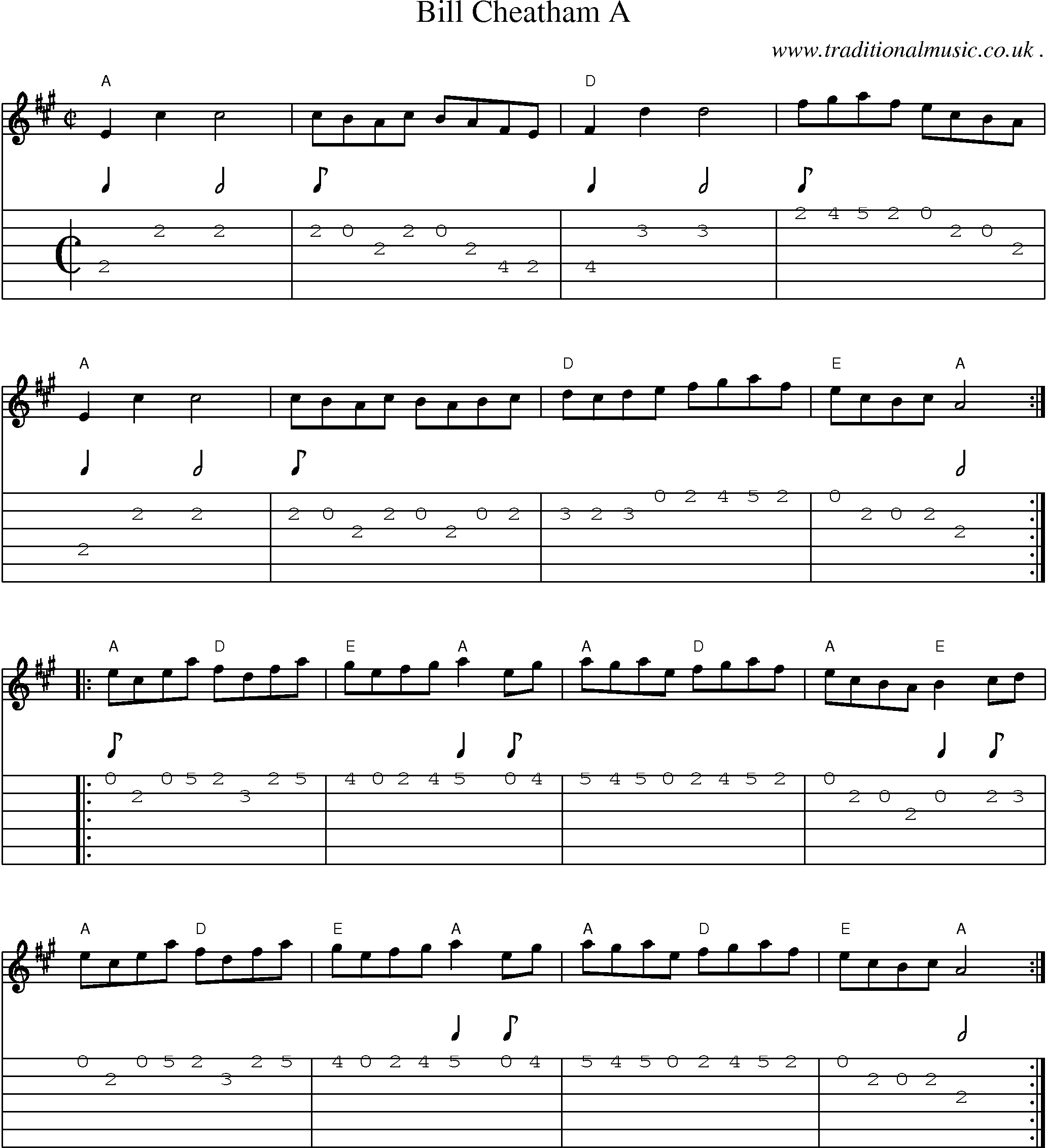 Music Score and Guitar Tabs for Bill Cheatham A