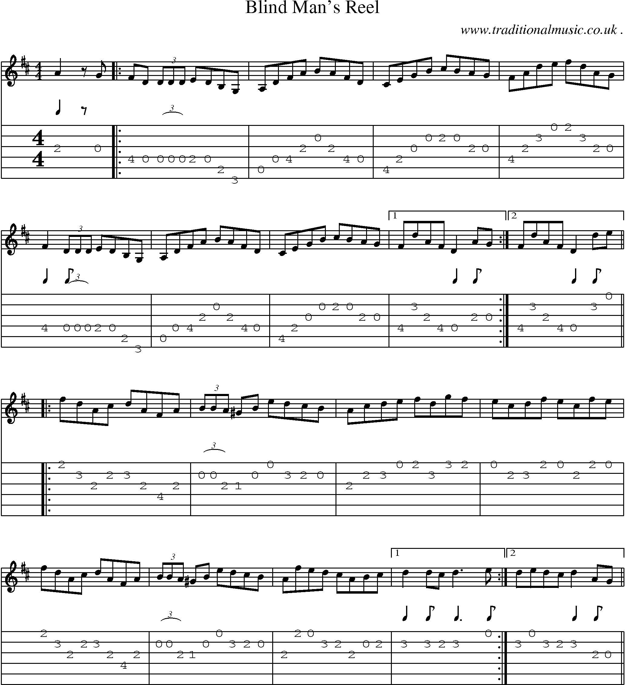 Music Score and Guitar Tabs for Blind Mans Reel