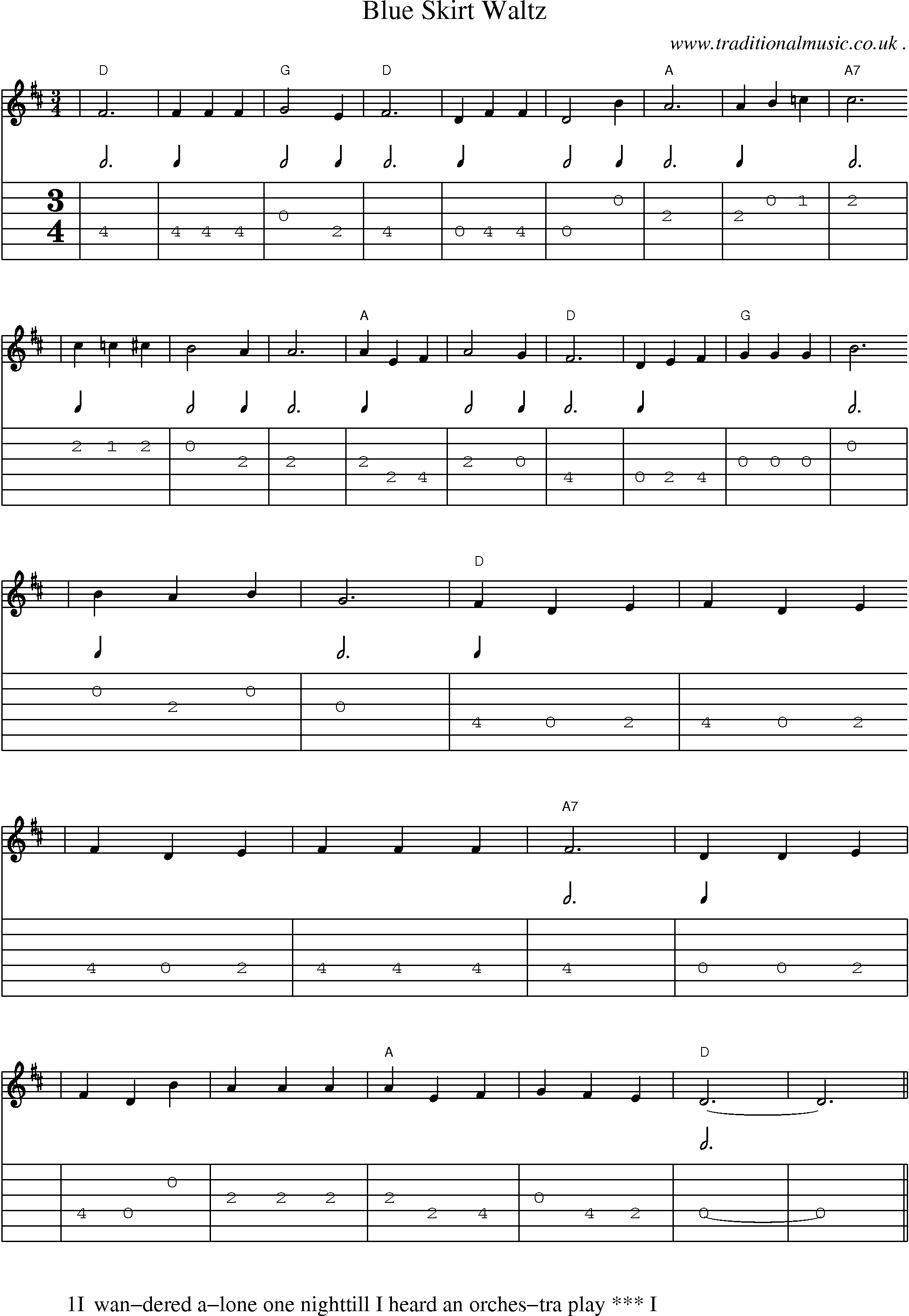 Music Score and Guitar Tabs for Blue Skirt Waltz