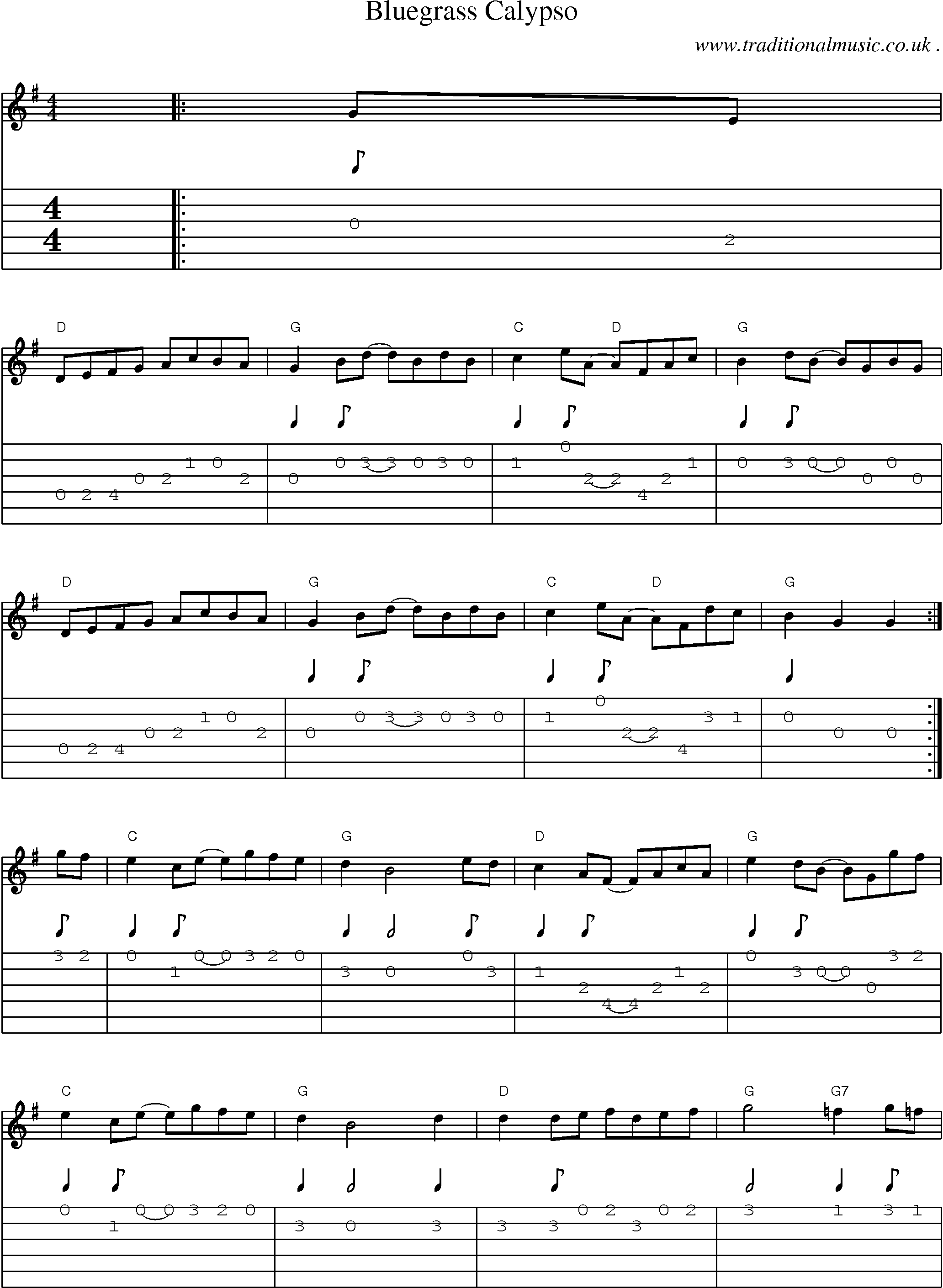 Music Score and Guitar Tabs for Bluegrass Calypso