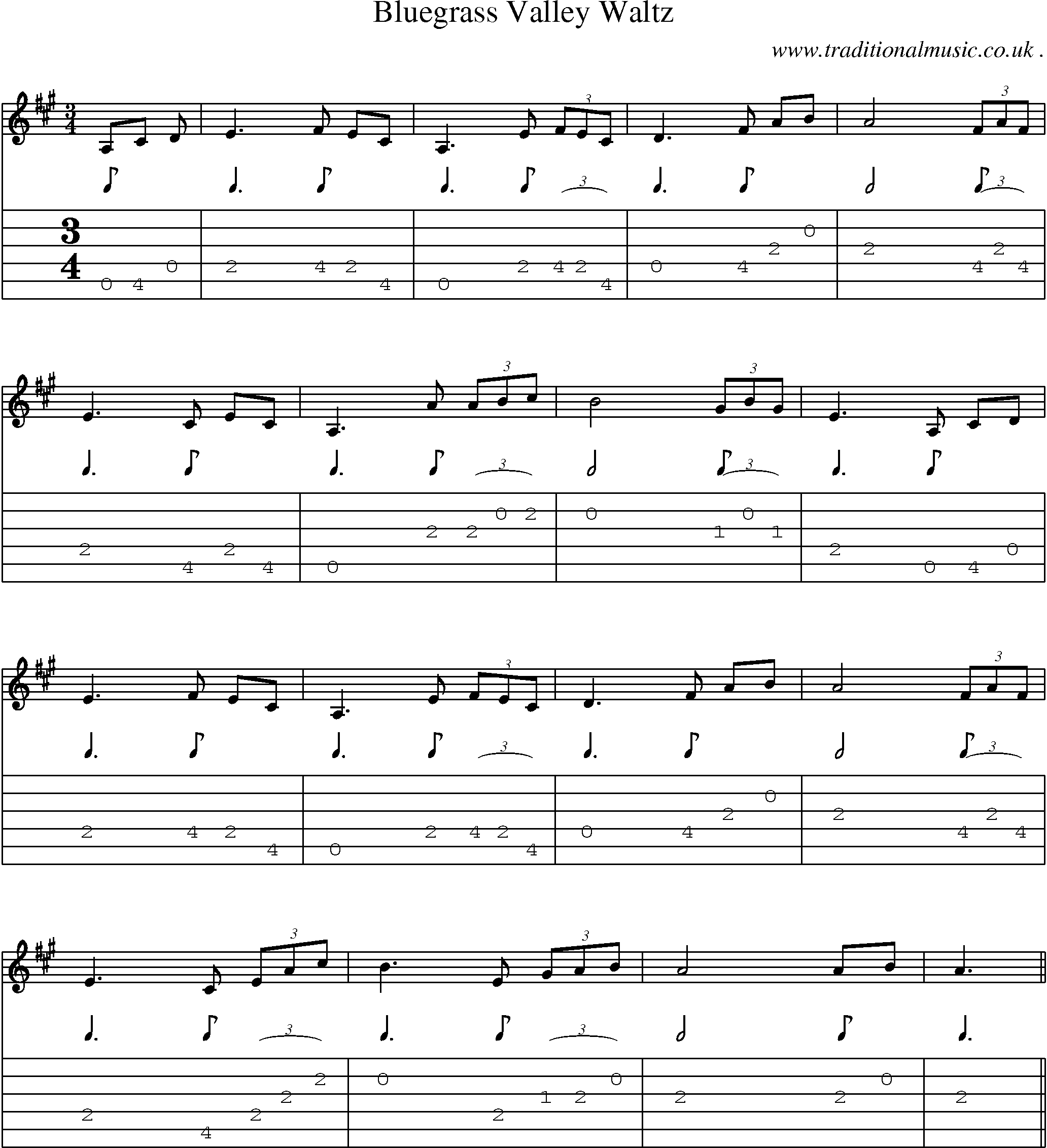 Music Score and Guitar Tabs for Bluegrass Valley Waltz