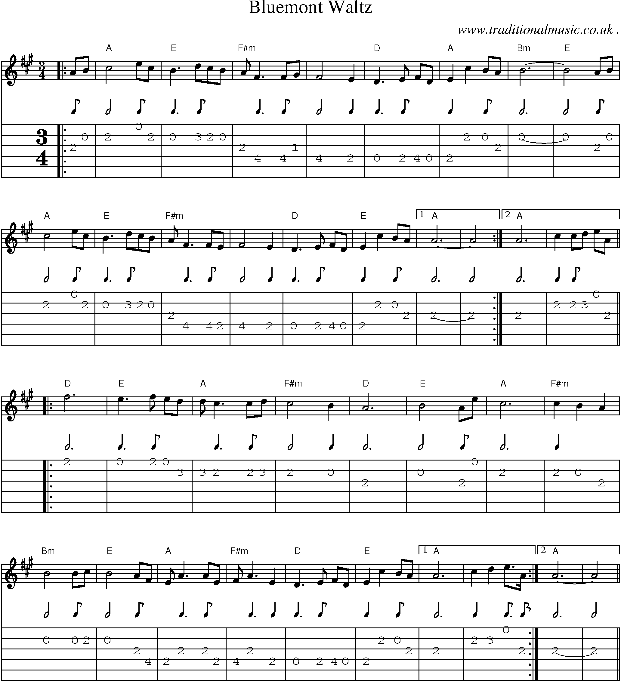 Music Score and Guitar Tabs for Bluemont Waltz