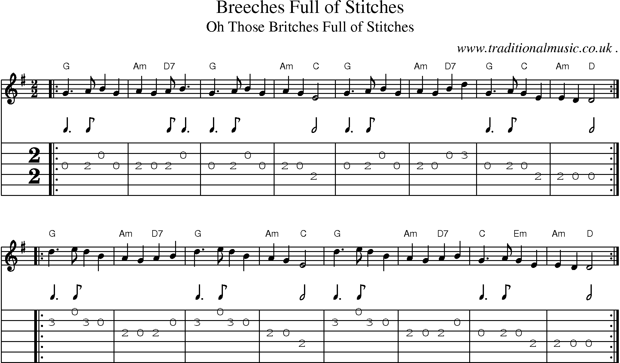 Music Score and Guitar Tabs for Breeches Full Of Stitches