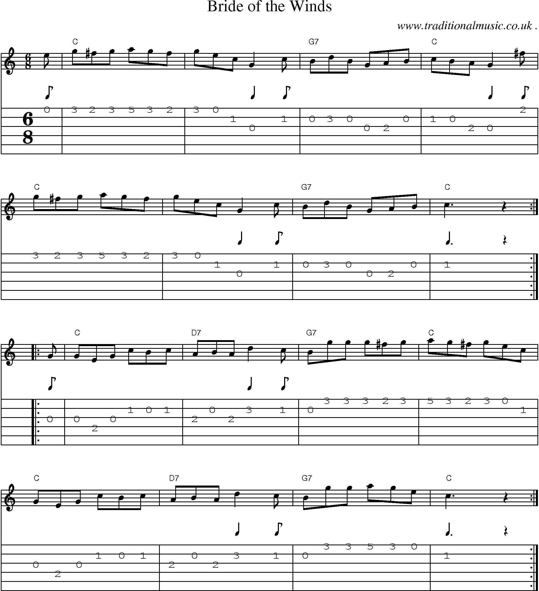 Music Score and Guitar Tabs for Bride Of The Winds